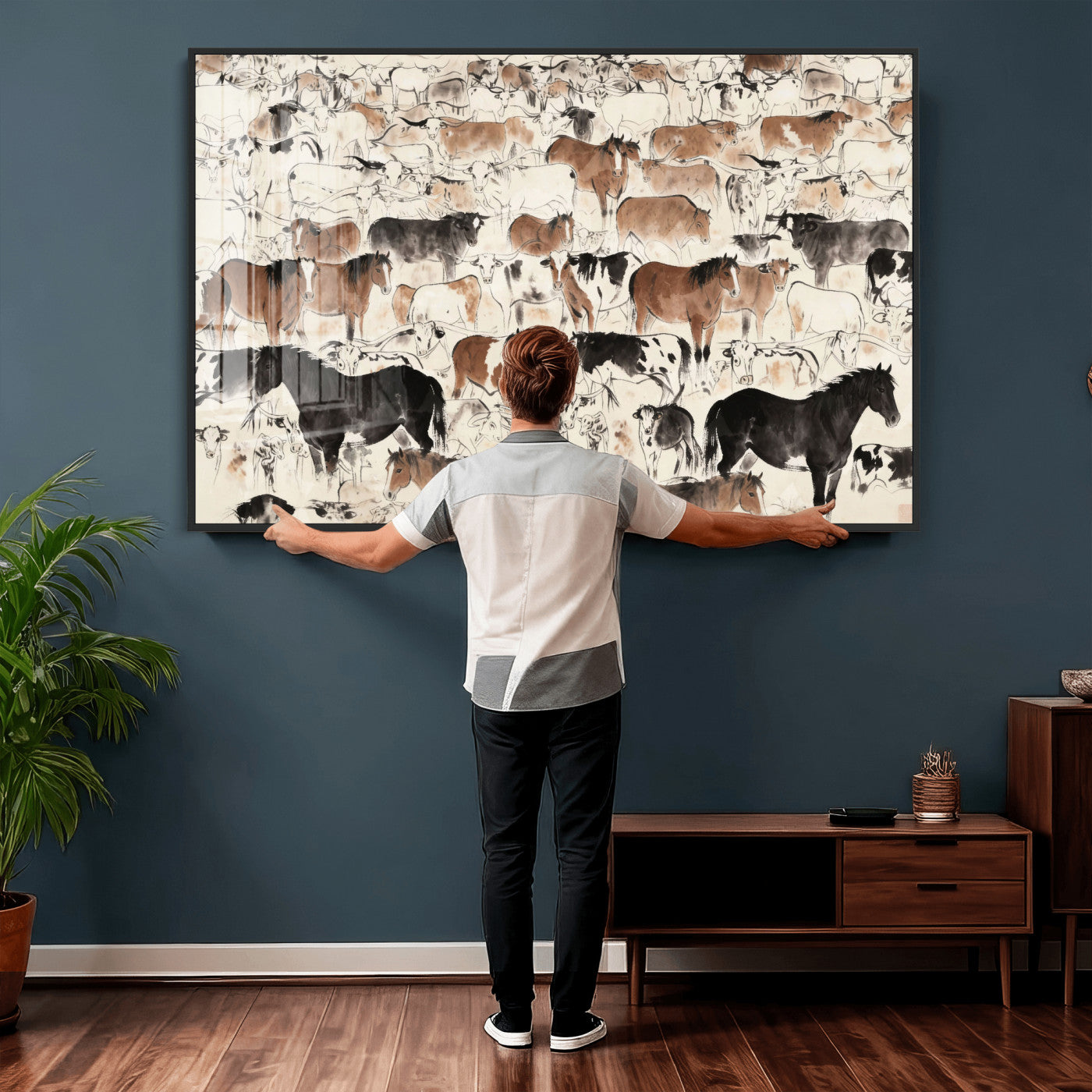 74171578-MGV-CV-36X24 - Farmhouse Animals Wall Art Canvas Print - Abstract Farm Animal Drawing Mid-Century Wall Art for Cabin Decor