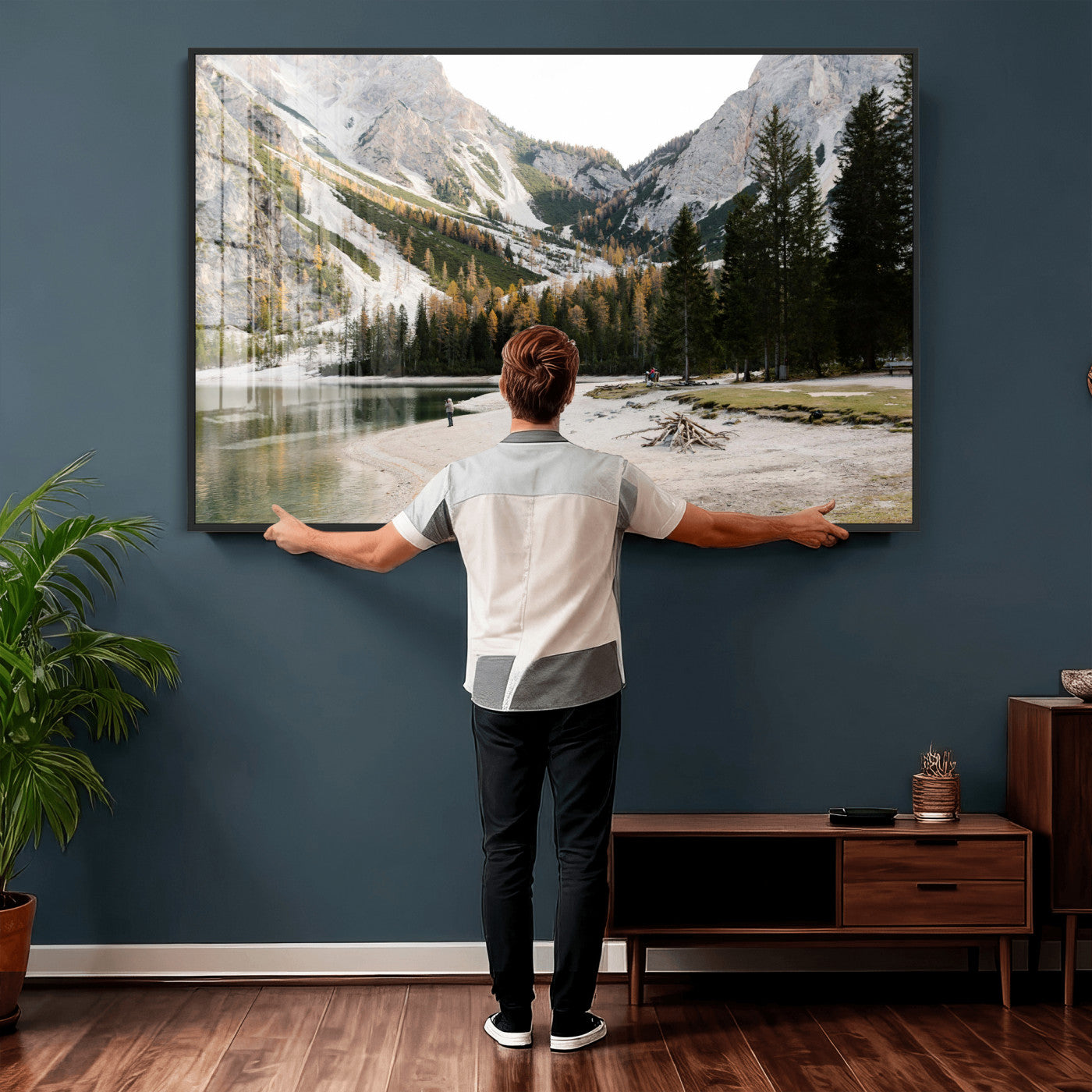 89246758-MGV-CV-36X24 - Lake Braies Alpine Landscape Wall Art Canvas Print, Dolomites Mountain Lake Forest Canvas Print, Italian Alps Scenic Nature Art Printing