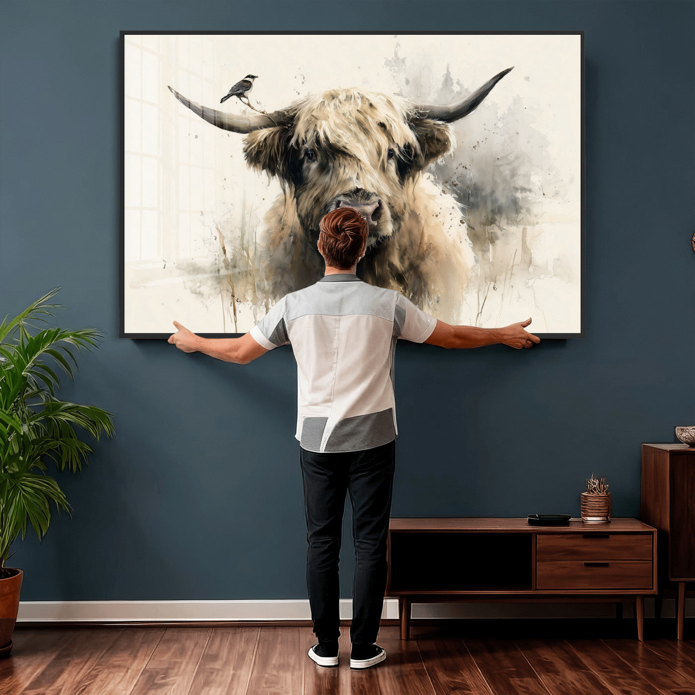 98249290-MGV-CV-36X24 - Abstract Highland Cow Watercolor Animal Wall Art Canvas Print, Rustic Farm Cattle Portrait Canvas Print, Neutral Wildlife Farmhouse Art Printing
