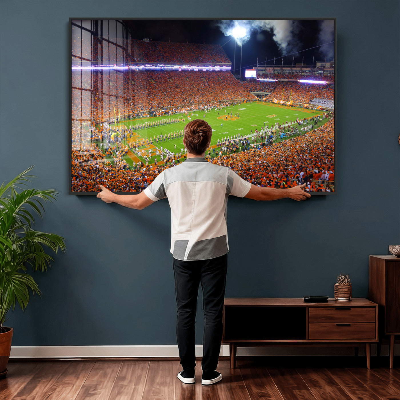 43662631-MGV-CV-36X24 - Clemson Football Stadium Wall Art Canvas Print, College Football Crowd Night Game Scene, Orange Stadium Panorama Wall Decor
