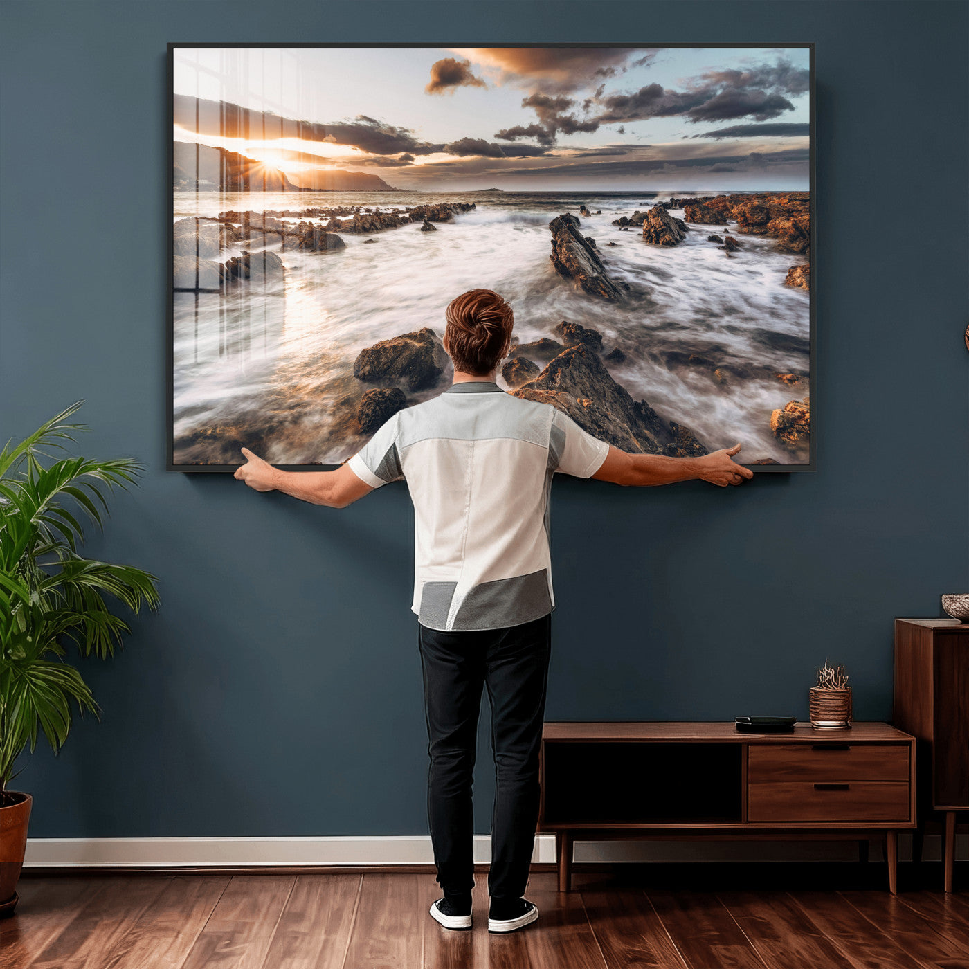 66746024-MGV-CV-36X24 - Rocky Coast Ocean Sunset Wall Art Canvas Print, Dramatic Seascape Nature Wall Decor for Living Room and Office