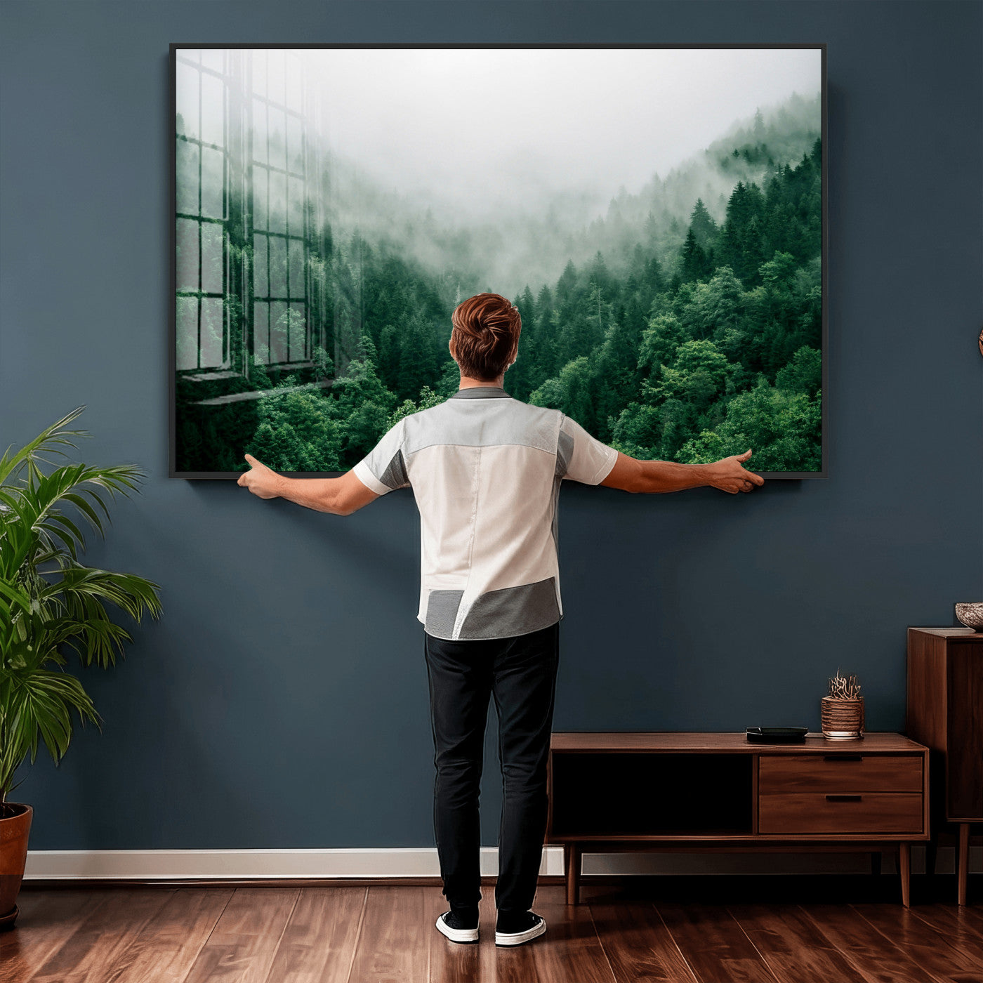 61640815-MGV-CV-36X24 - Misty Pine Forest Wall Art Canvas Print, Foggy Evergreen Landscape Wall Decor, Moody Green Nature Artwork, Minimal Forest Canvas Wall Art, Framed Canvas Wall Art Ready to Hang