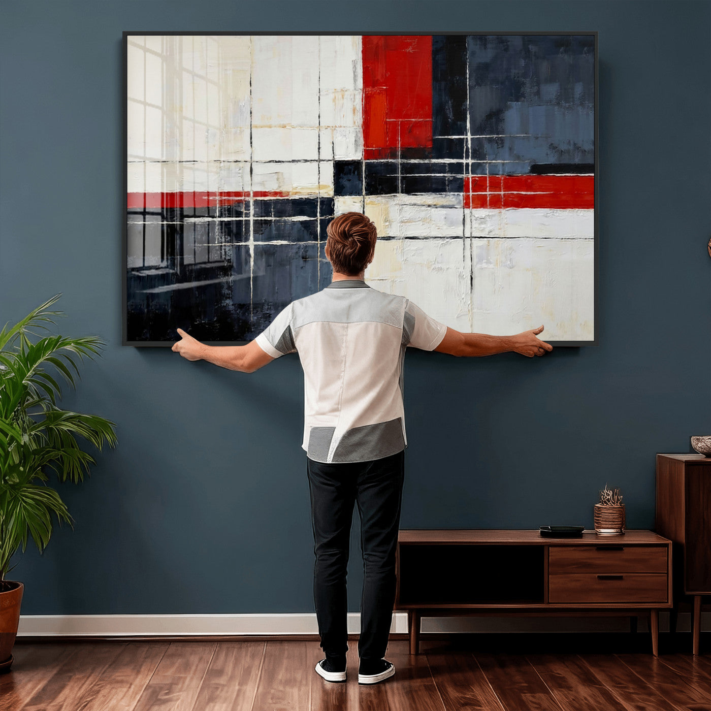 44088165-MGV-CV-36X24 - Navy Red Abstract Wall Art Canvas Print, Modern Luxury Geometric Painting Wall Decor for Living Room and Office