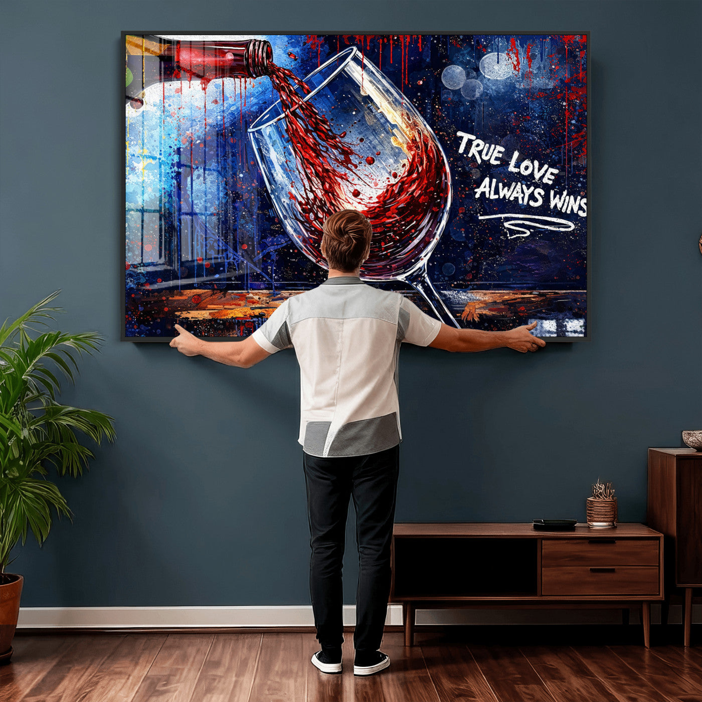 88788932-MGV-CV-36X24 - Red Wine Splash Abstract Wall Art Canvas Print, Modern Wine Glass Painting Canvas Print, Romantic Quote Contemporary Bar Art Print