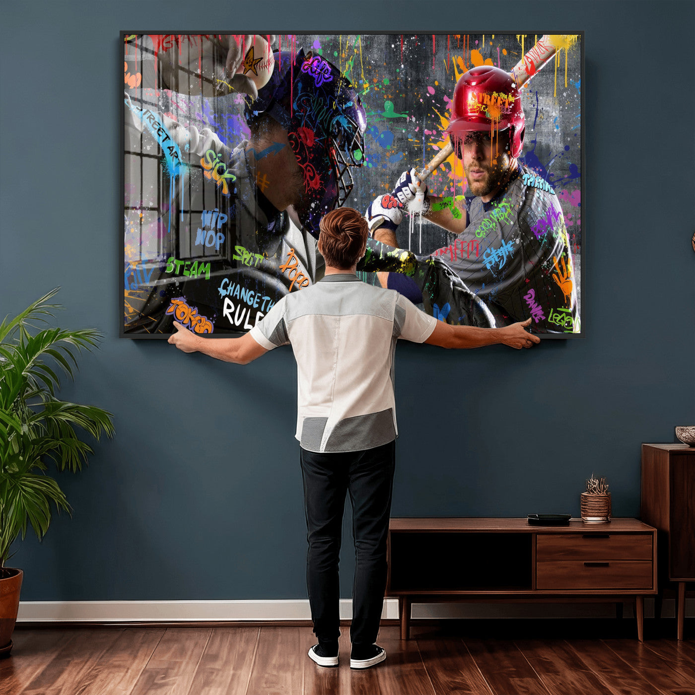 19634994-MGV-CV-36X24 - Graffiti Baseball Player Street Art Wall Art Canvas Print, Urban Sports Pop Art Baseball Canvas Print, Modern Athletic Graffiti Contemporary Art Printing