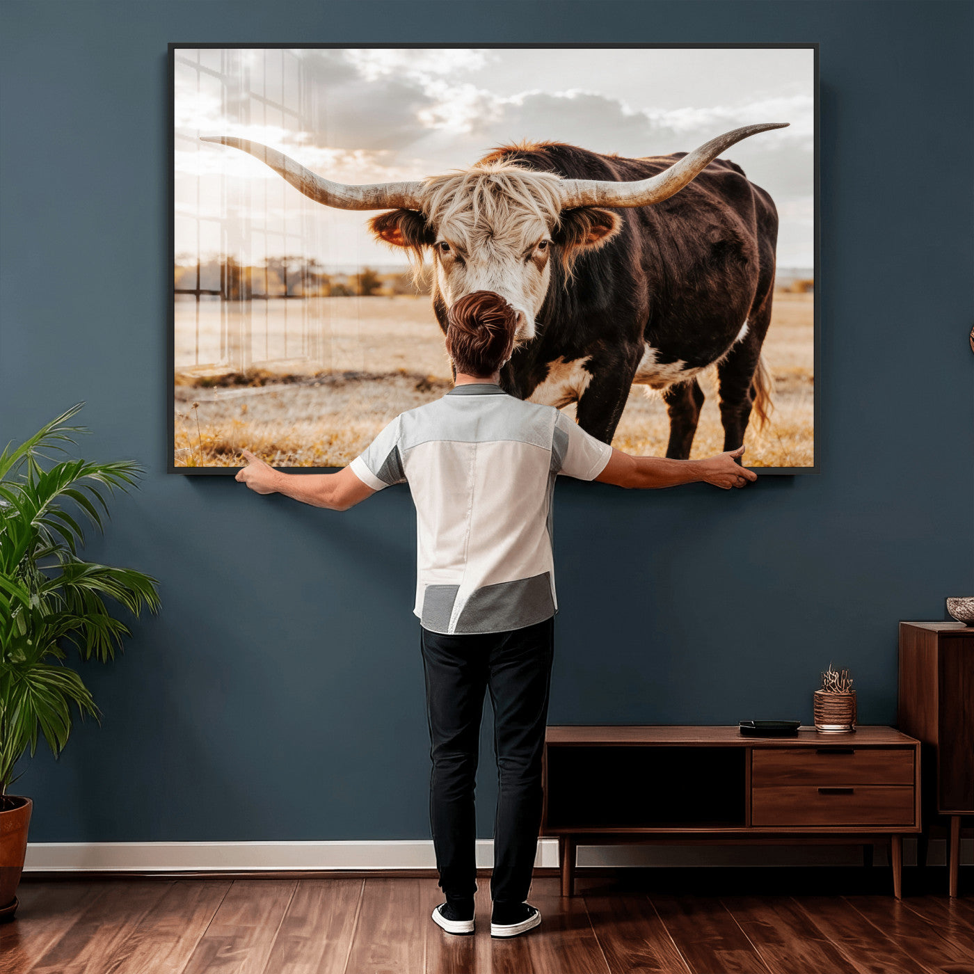 88230279-MGV-CV-36X24 - Texas Longhorn Bull Rustic Wall Art Canvas Print, Western Cattle Photography Canvas Print, Ranch Farm Animal Western Art Printing