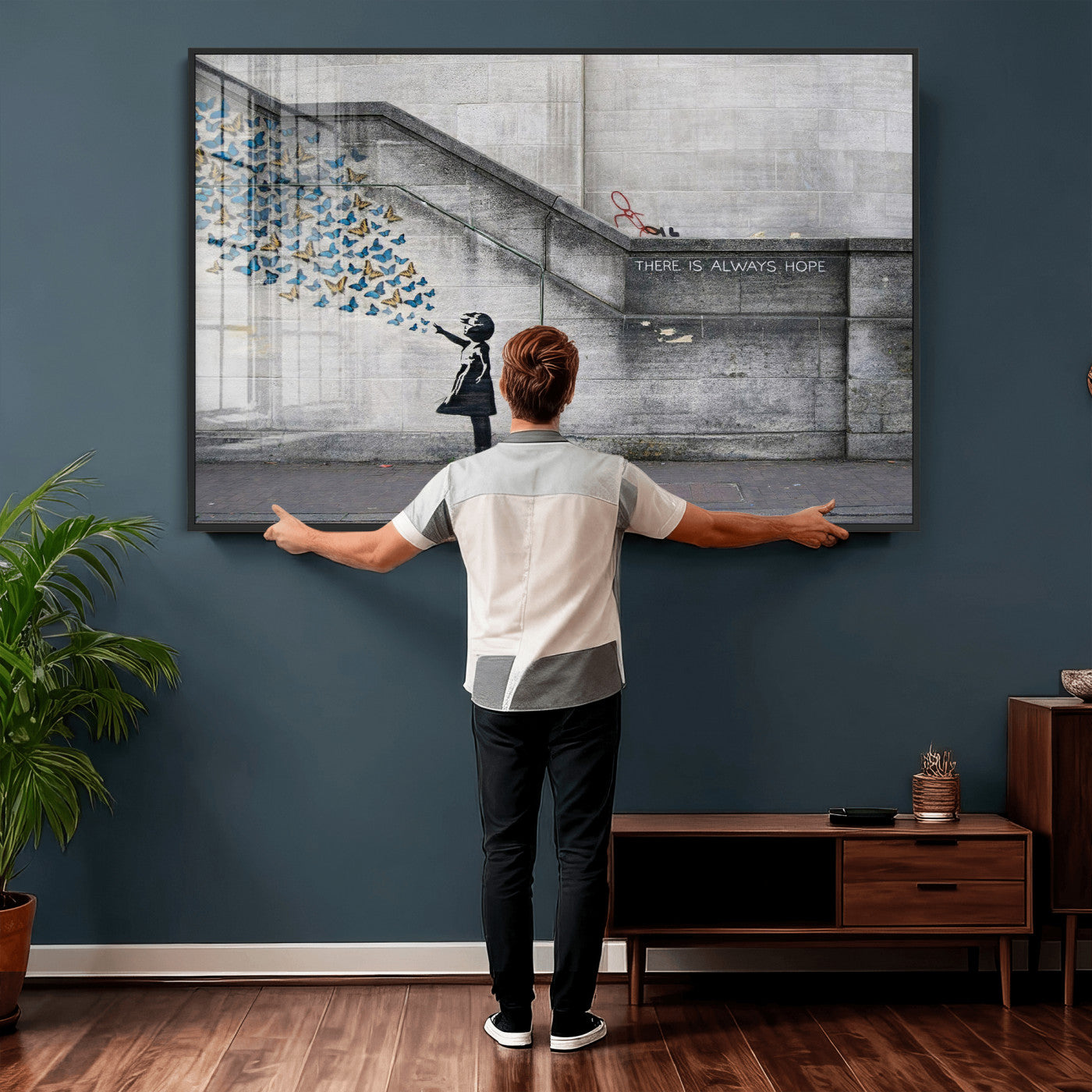 15274223-MGV-CV-36X24 - Banksy Girl with Butterflies Street Art Wall Art Canvas Print, Hope Graffiti Urban Art Canvas Print, Minimalist Inspirational Street Art Contemporary Art Printing