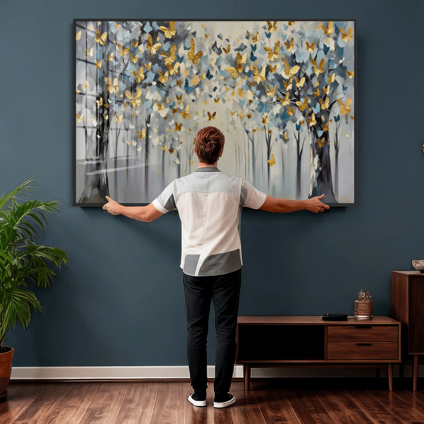 79208191-MGV-CV-36X24 - Golden Butterfly Tree Abstract Wall Art Canvas Print, Modern Elegant Nature Painting Canvas Print, Blue Gold Contemporary Floral Art Printing