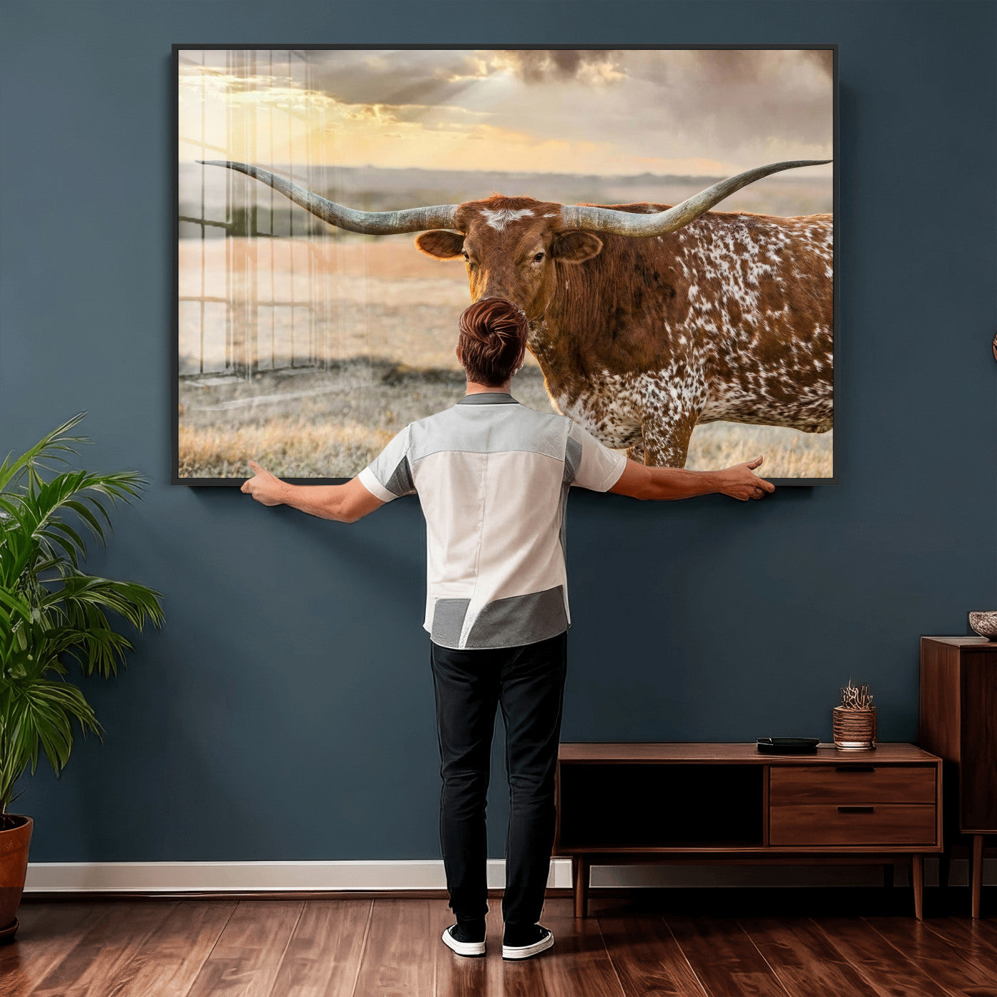 16502384-MGV-CV-36X24 - Texas Longhorn Wall Art Canvas Print, Western Ranch Bull Photography Canvas Print, Rustic Farmhouse Cattle Artwork for Living Room Decor