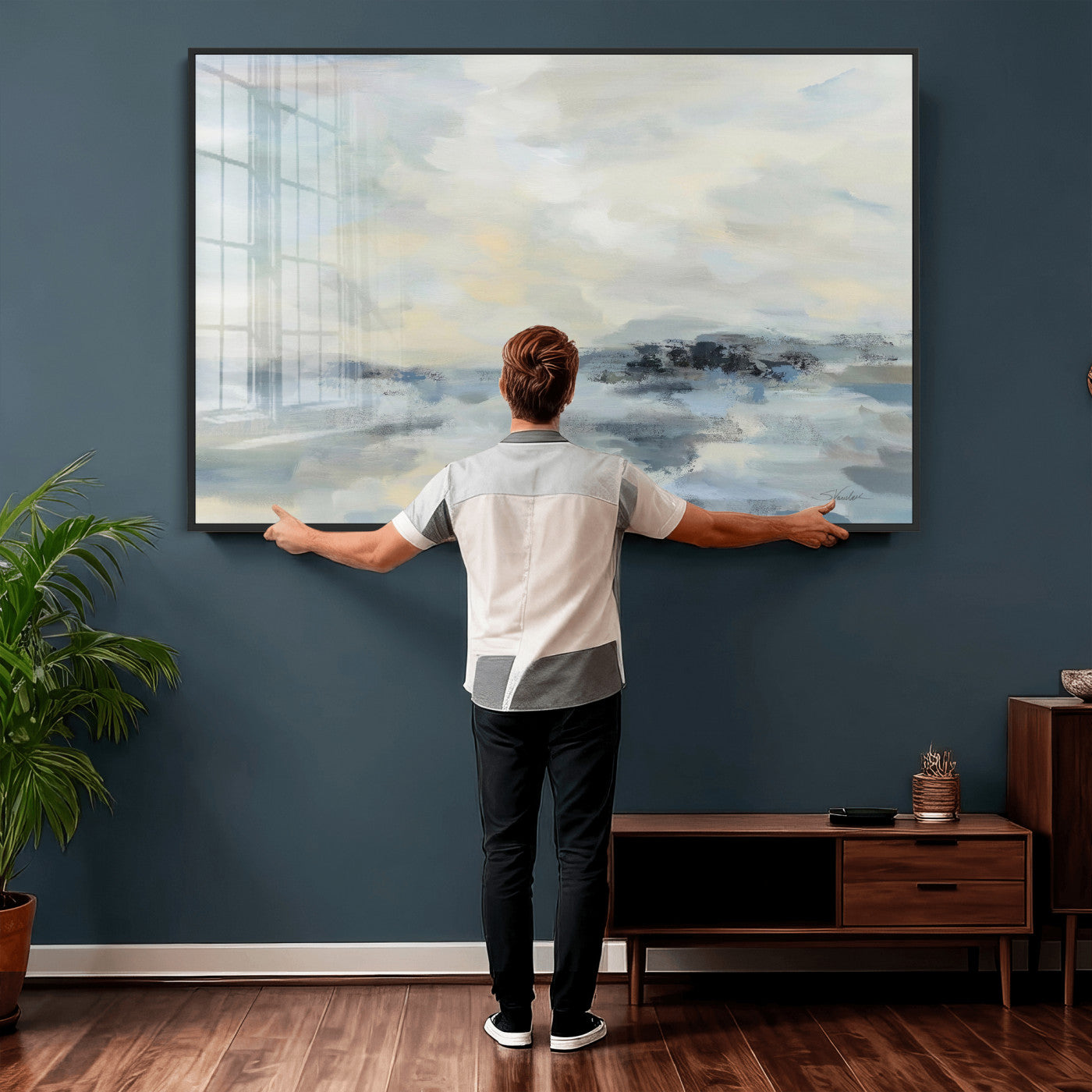 24647355-MGV-CV-36X24 - Abstract Coastal Landscape Wall Art Canvas Print – Soft Blue Gray Minimalist Painting