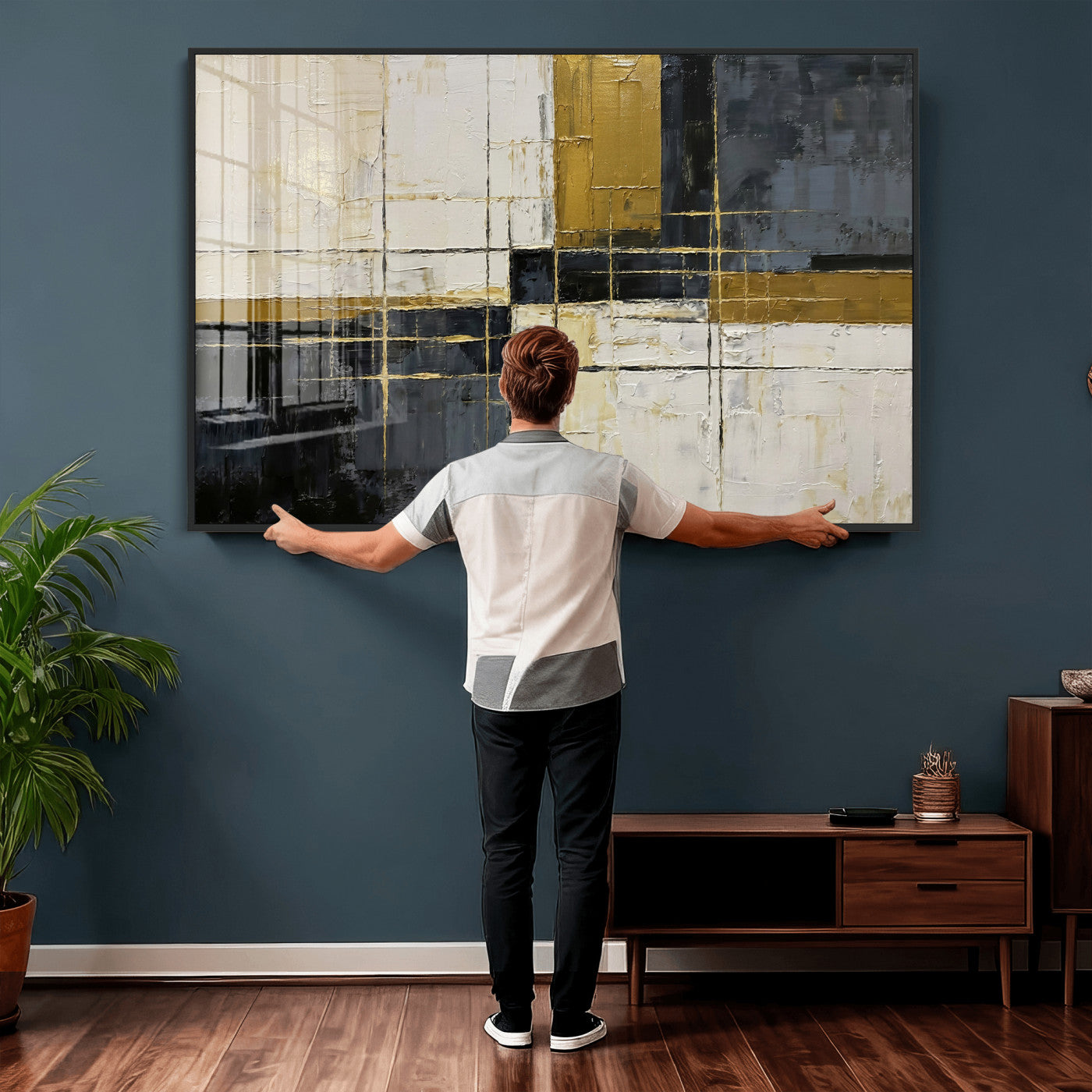36097945-MGV-CV-36X24 - Abstract Gold and Black Wall Art Canvas Print – Modern Geometric Neutral Artwork for Living Room Decor