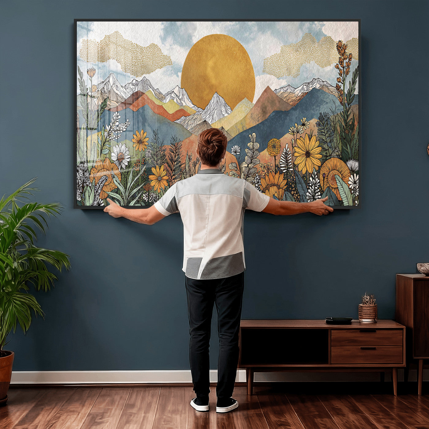 17540863-MGV-CV-36X24 - Boho Mountain Landscape Large Wall Art, Horizontal Gold Framed Canvas Print with Sun and Flowers