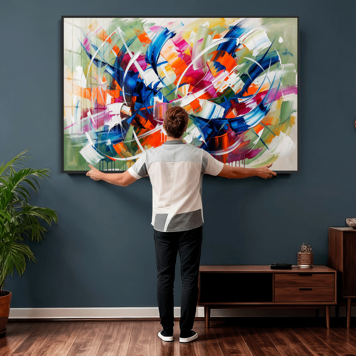 15032888-MGV-CV-36X24 - Geometric Abstract Wall Art Canvas Print, Orange Blue Abstract Expressionist Painting Print, Modern Geometric Abstract Canvas Art