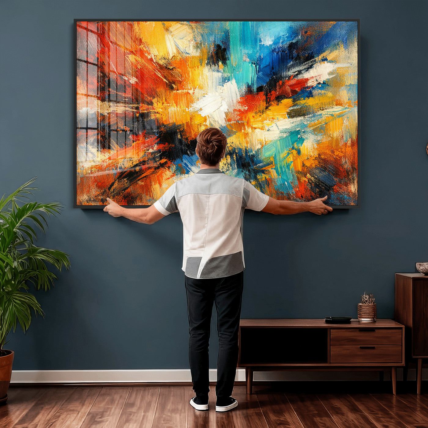 93167583-MGV-CV-36X24 - Geometric Abstract Wall Art Canvas Print, Orange Blue Abstract Expressionist Painting Print, Modern Geometric Abstract Canvas Art