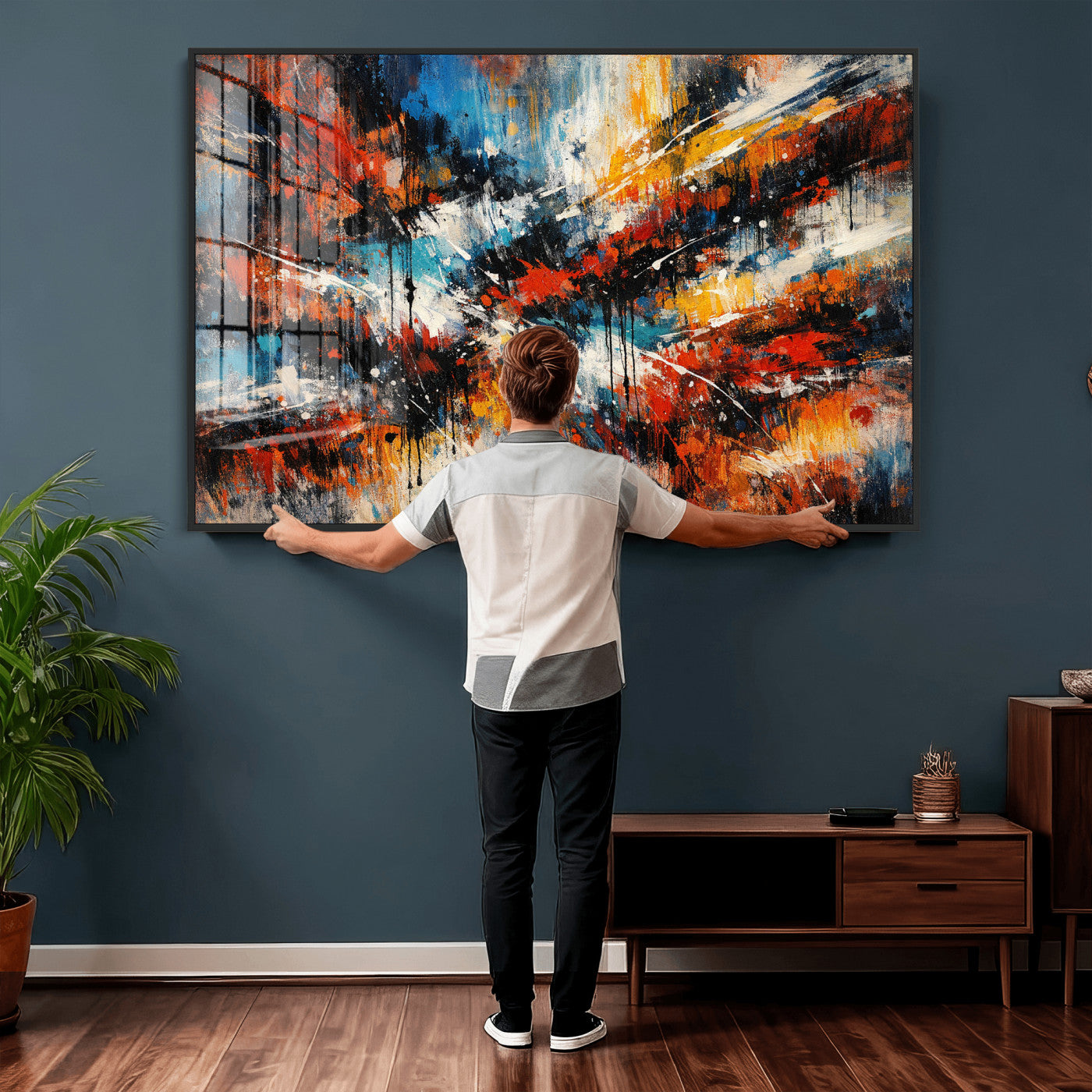 80276069-MGV-CV-36X24 - Geometric Abstract Wall Art Canvas Print, Orange Blue Abstract Expressionist Painting Print, Modern Geometric Abstract Canvas Art