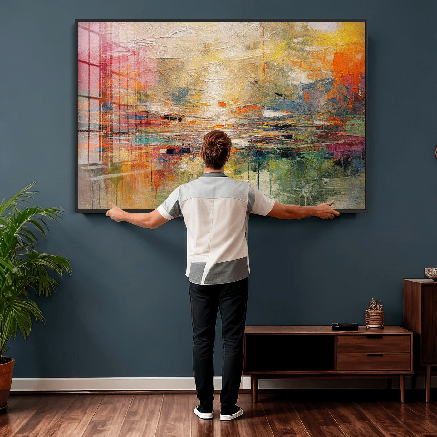 4712069P1-MGV-CV-36X24 - Colorful Abstract Canvas Wall Art — Large Textured Oil Painting Style Print | Orange Red Boho Wall Decor | Modern Living Room Art | Bold Wall Art