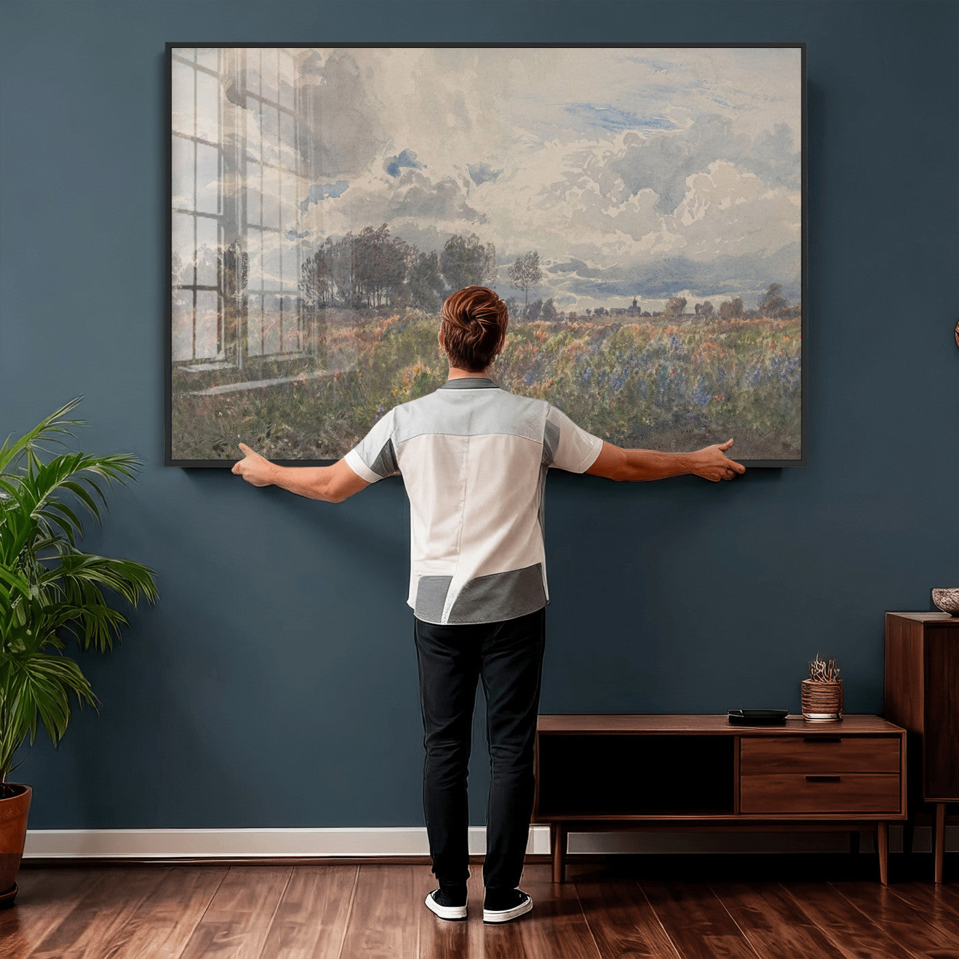 76626885-MGV-CV-36X24 - Vintage Watercolor Meadow Canvas Wall Art — English Pastoral Wildflower Storm Sky Print | Cottagecore Nature Decor | Classic Landscape Gift