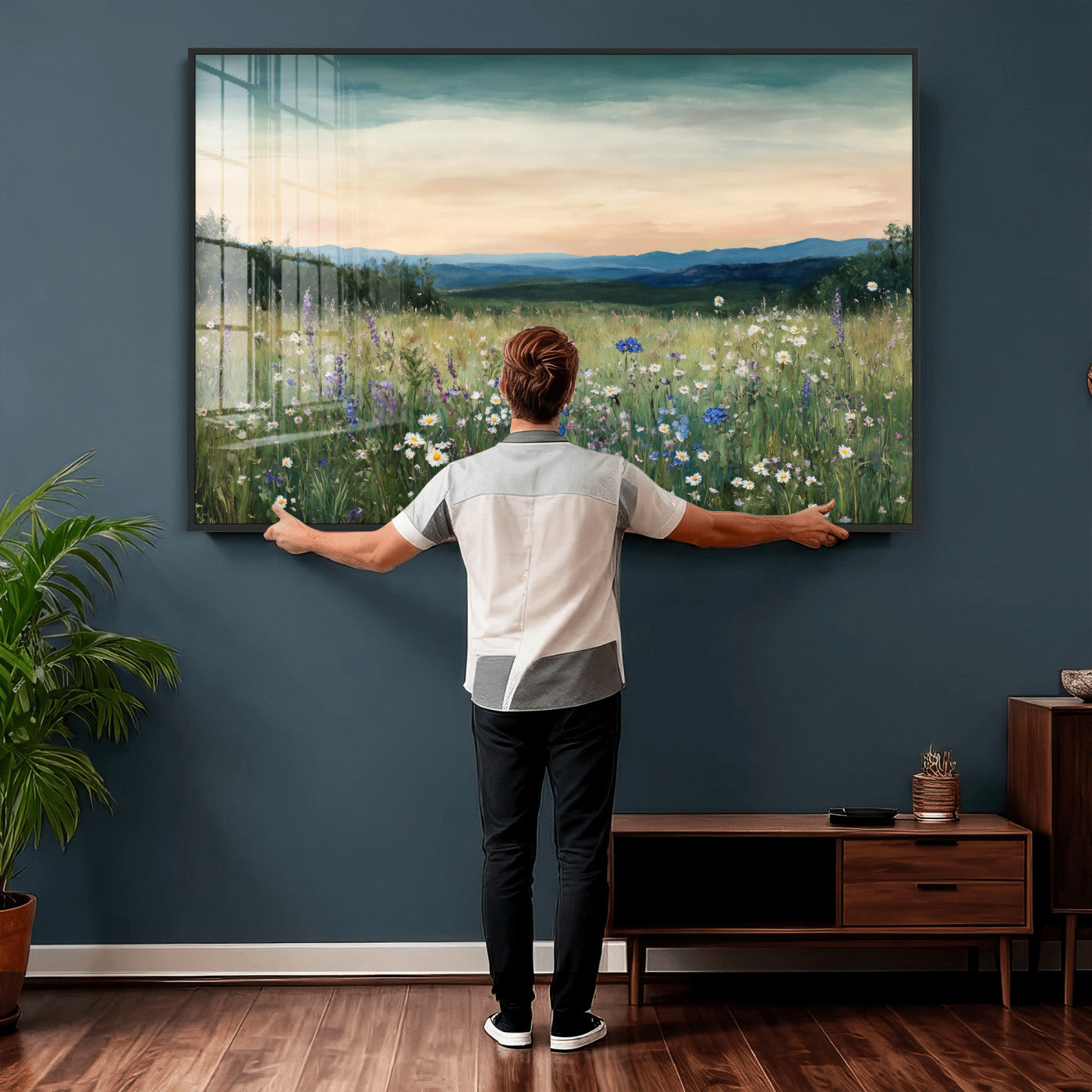 35773805-MGV-CV-36X24 - Wildflower Meadow Oil Painting Canvas — Daisy Lavender Mountain Sunset Print | Cottagecore Floral Wall Art | Bedroom Decor Gift for Her