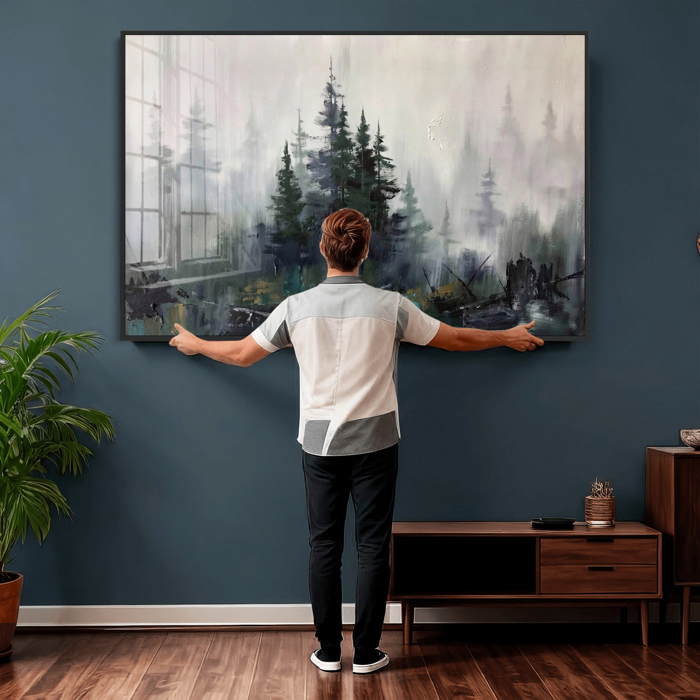94143325-MGV-CV-36X24 - Misty Pine Forest Oil Painting Canvas — Dark Moody Teal Grey Tree Print | Japandi Scandinavian Wall Art | Minimalist Nature Decor Gift
