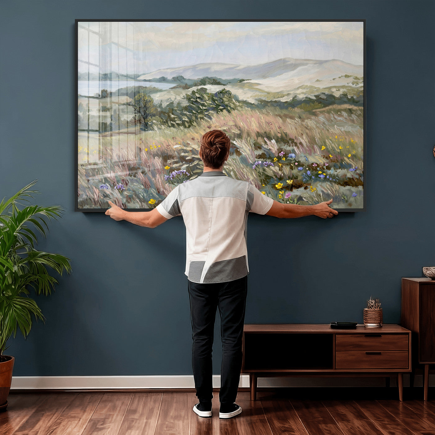 18013232-MGV-CV-36X24 - Katie Staples Hillside Canvas Wall Art — Coastal Wildflower Dune Oil Painting Print | Muted Green Nature Decor | Plein Air Landscape Gift