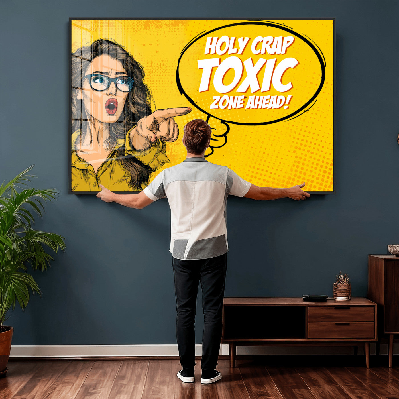 79751885-MGV-CV-36X24 - Pop Art Print Bathroom Sign Wall Art Canvas Print — Funny Bathroom Canvas | Comic Style Toilet Wall Decor | Humor Gift | Yellow Bold Bathroom Art