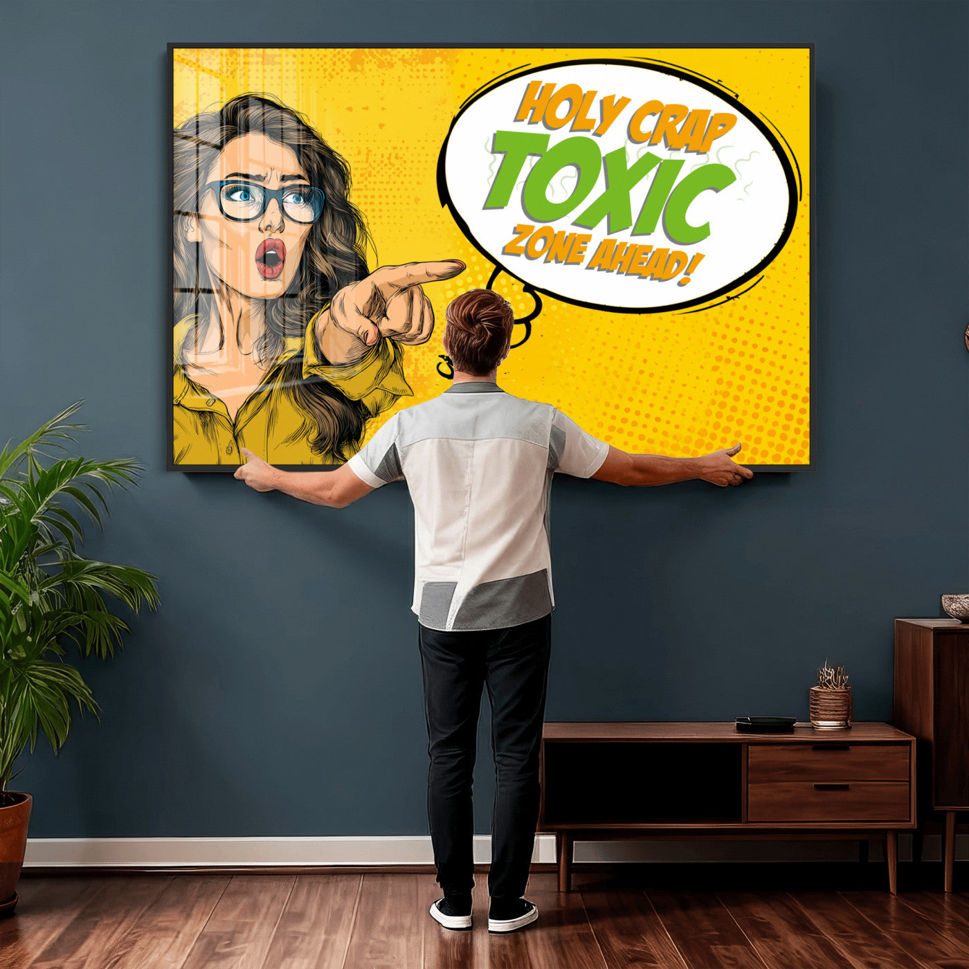 79156505-MGV-CV-36X24 - Pop Art Print Bathroom Sign Wall Art Canvas Print — Funny Bathroom Canvas | Comic Style Toilet Wall Decor | Humor Gift | Yellow Bold Bathroom Art