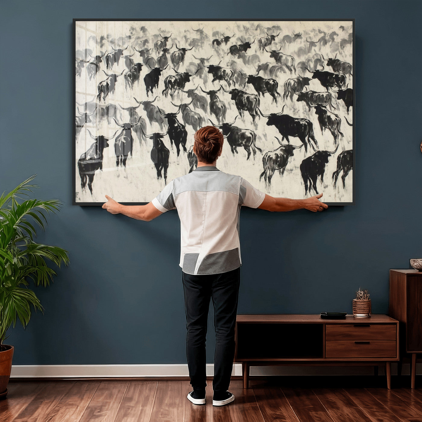 68669792-MGV-CV-36X24 - Longhorn Cattle Canvas Wall Art, Black White Stampede Ink Painting Print, Western Farmhouse Decor, Bull Herd Art, Large Living Room Wall Art, Ranch Home Decor