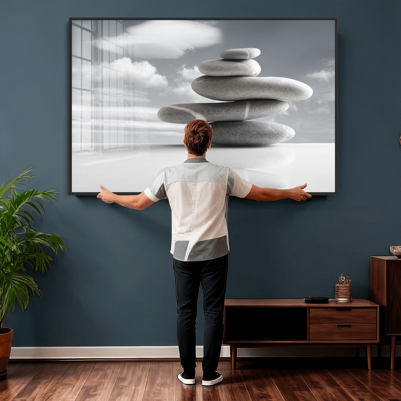 86426188-MGV-CV-36X24 - Zen Stone Wall Art Canvas Print, Balanced Rock Stack Framed Spa Artwork, Minimalist Meditation Decor for Living Room Bedroom Office Bathroom