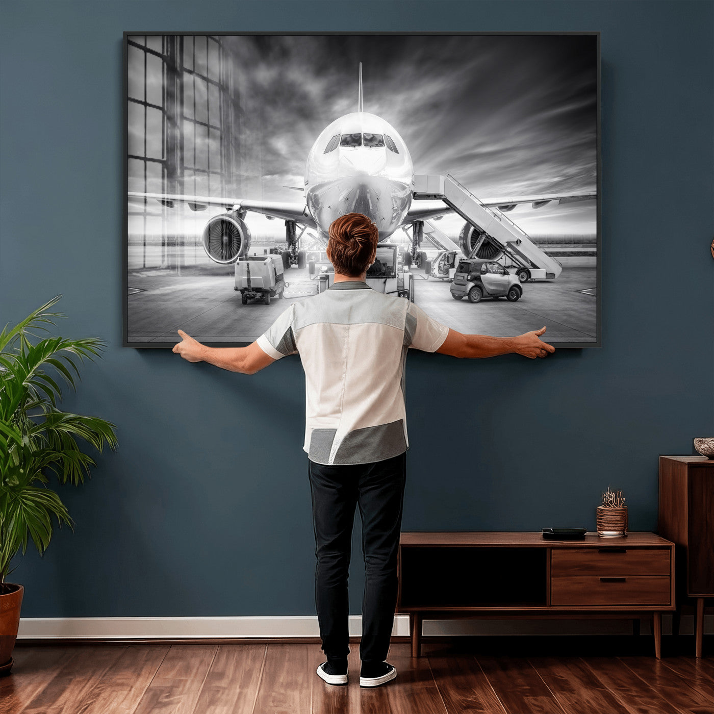 85885848-MGV-CV-36X24 - Airplane Wall Art Canvas Print, Black and White Jet Aircraft Airport Runway Framed Aviation Artwork for Pilot Office Hangar Travel Decor