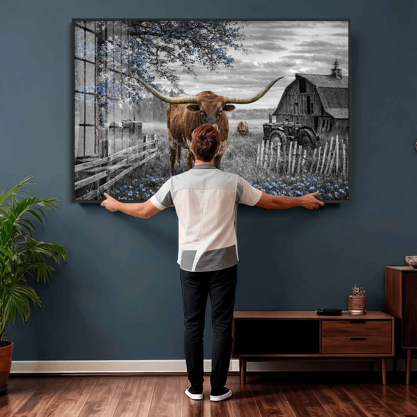 19366343-MGV-CV-36X24 - Texas Longhorn Canvas Wall Art, Rustic Farm Barn Bluebonnet Photography Print, Farmhouse Country Decor, Western Ranch Art, Old Truck Tractor Print