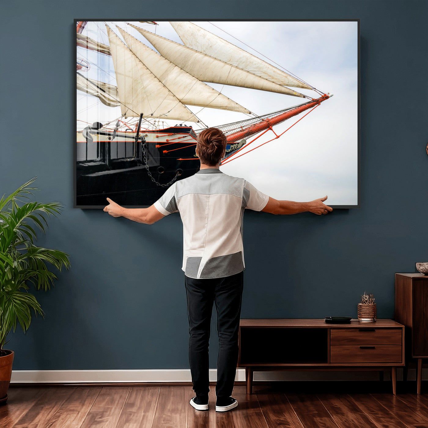 64830036-MGV-CV-36X24 - Sailboat Wall Art Canvas Print, Vintage Ship Bow Framed Artwork, Nautical Sailing Decor for Living Room Office Beach House