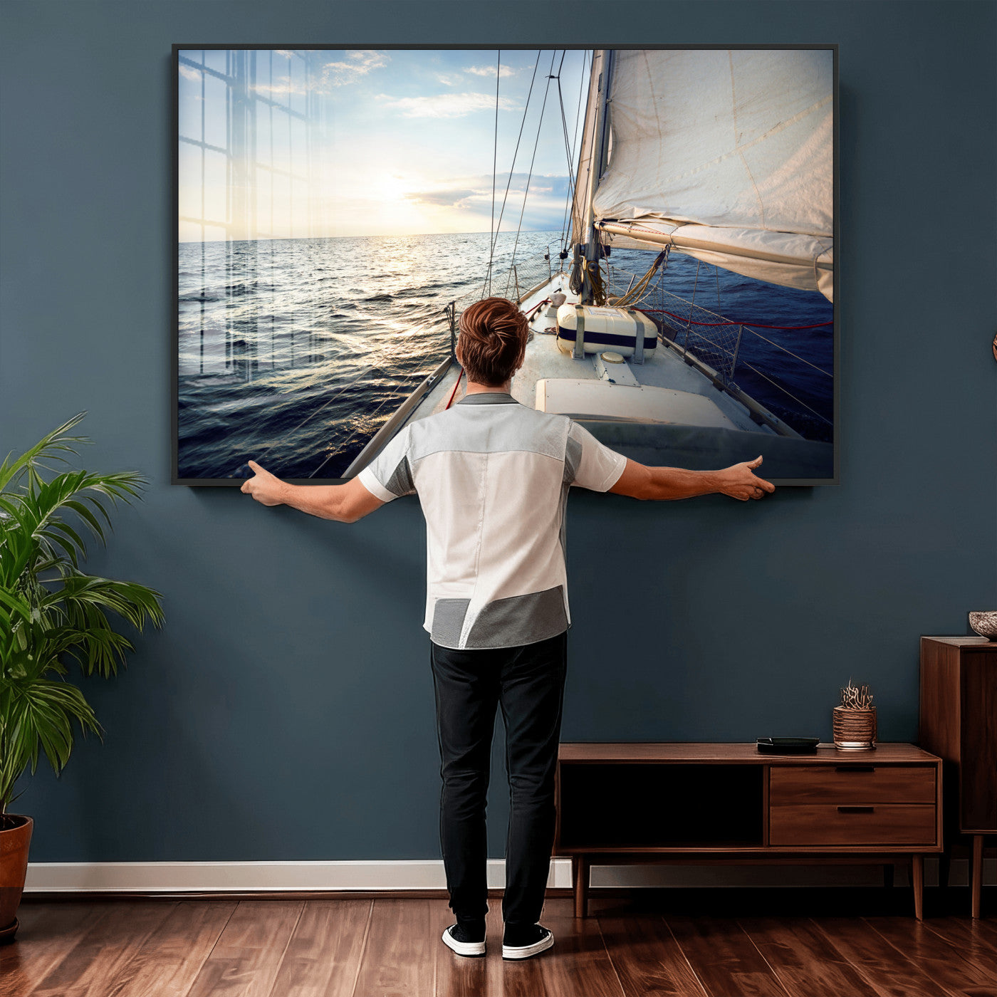 76381335-MGV-CV-36X24 - Sailboat Wall Art Canvas Print, Ocean Sunset Sailing Framed Artwork, Coastal Nautical Seascape Decor for Living Room Office Beach House
