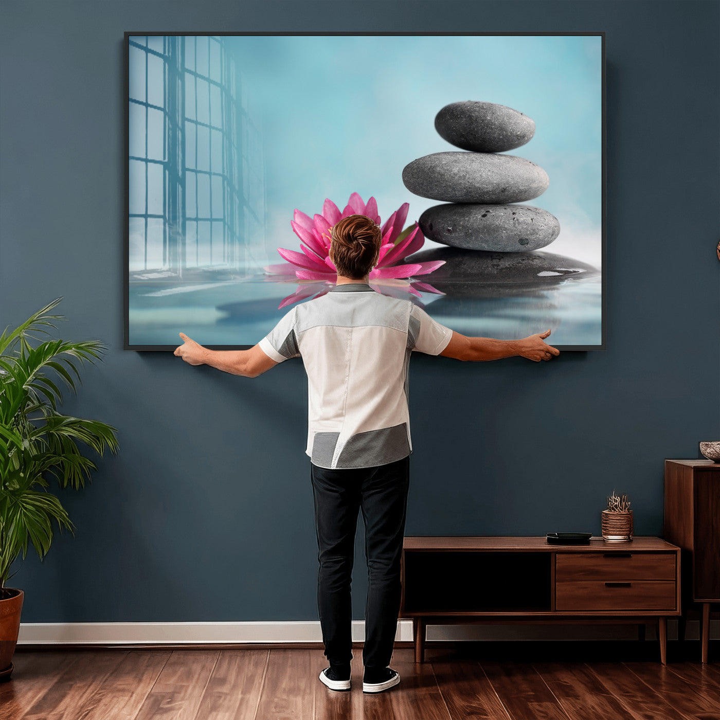 84293154-MGV-CV-36X24 - Zen Canvas Wall Art Lotus Flower Stacked Stones Teal Spa Meditation Relaxation Framed Large for Bathroom Bedroom Living Room Office Decor