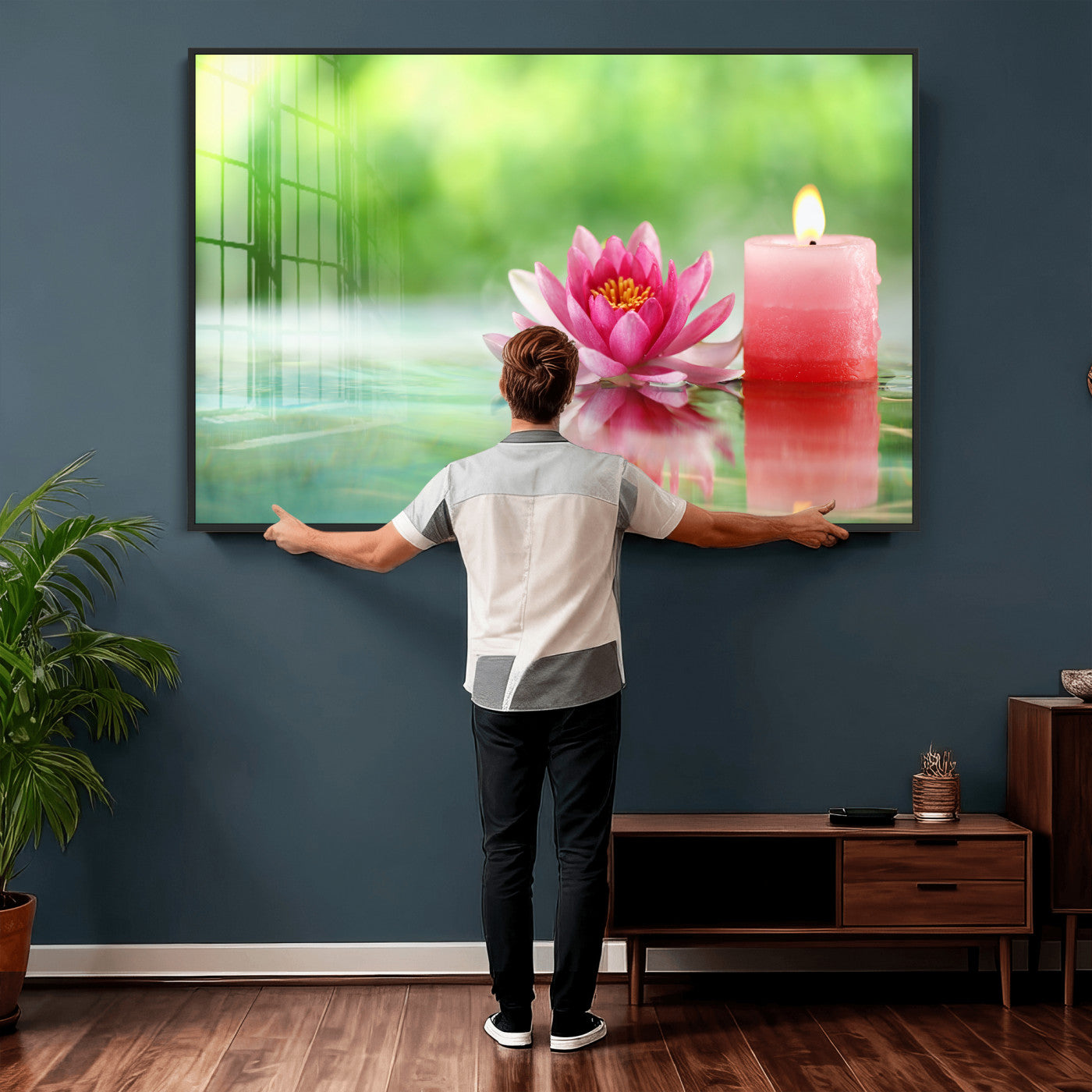 17661715-MGV-CV-36X24 - Zen Lotus Candle Canvas Wall Art Pink Spa Meditation Relaxation Green Bokeh Framed Large for Bathroom Bedroom Living Room Office Decor