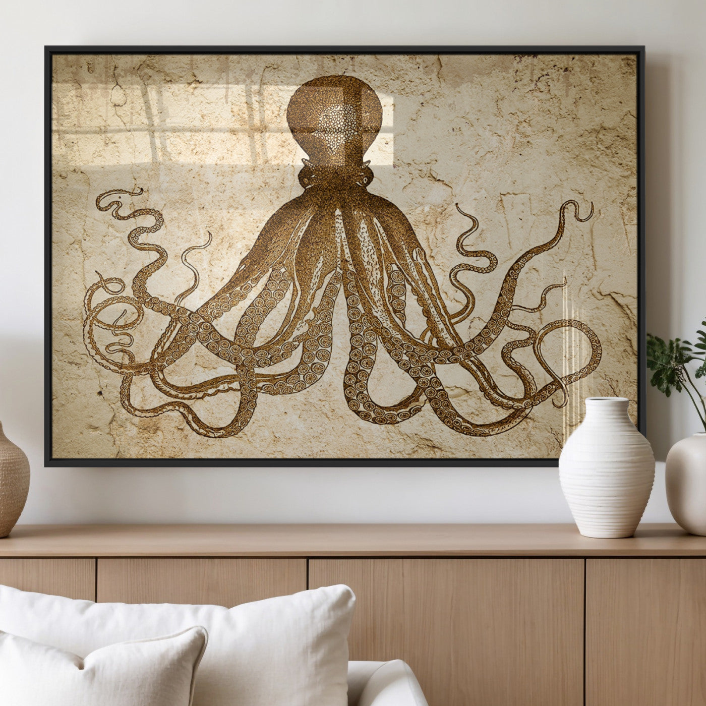 MGV-FP-60X30-3P - Sepia Octopus Wall Art Abstract Animal Canvas Print