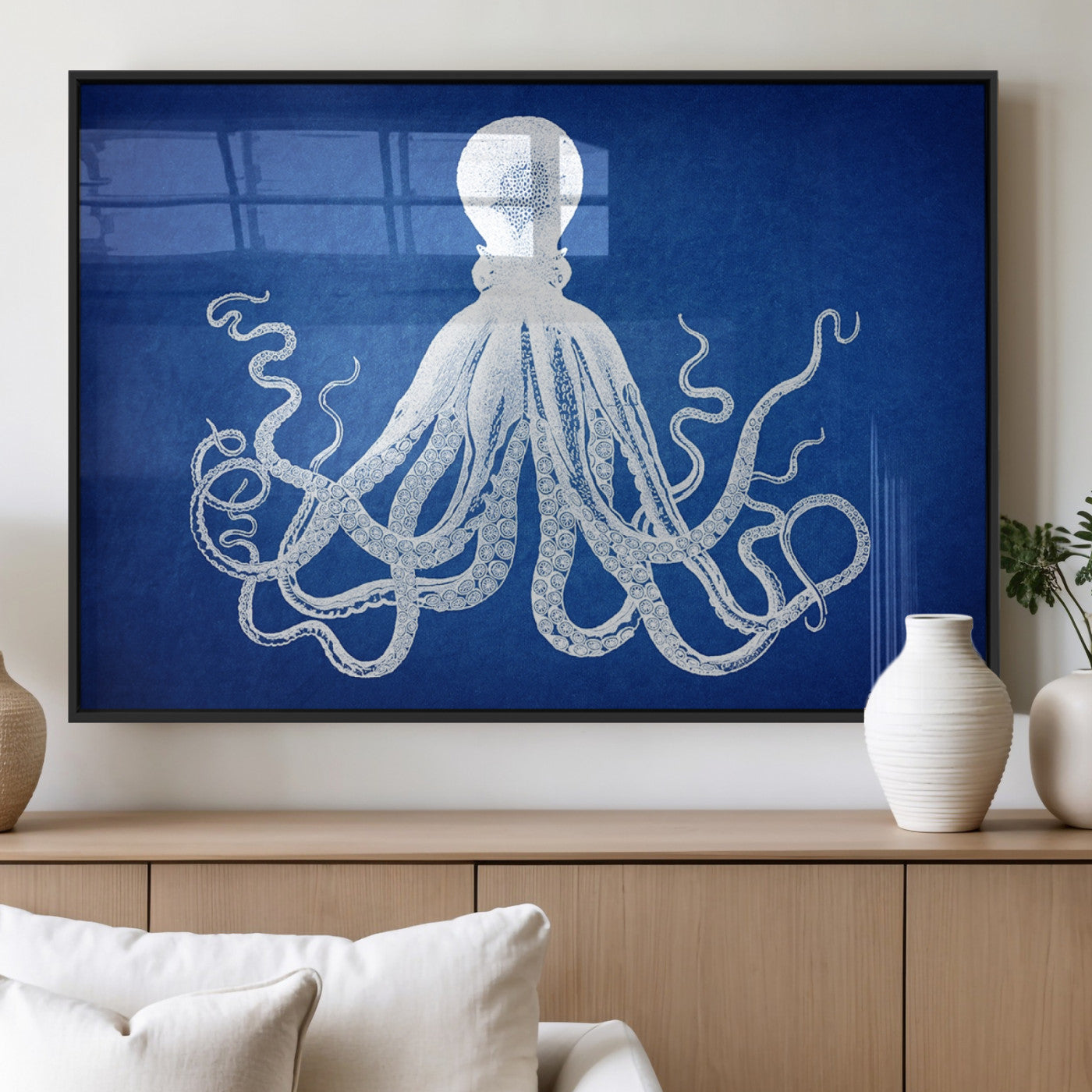 MGV-FP-60X30-3P - Large 3-Panel Blue Octopus Canvas Wall Art | Coastal Marine Life Artwork for Living Room, Bedroom,