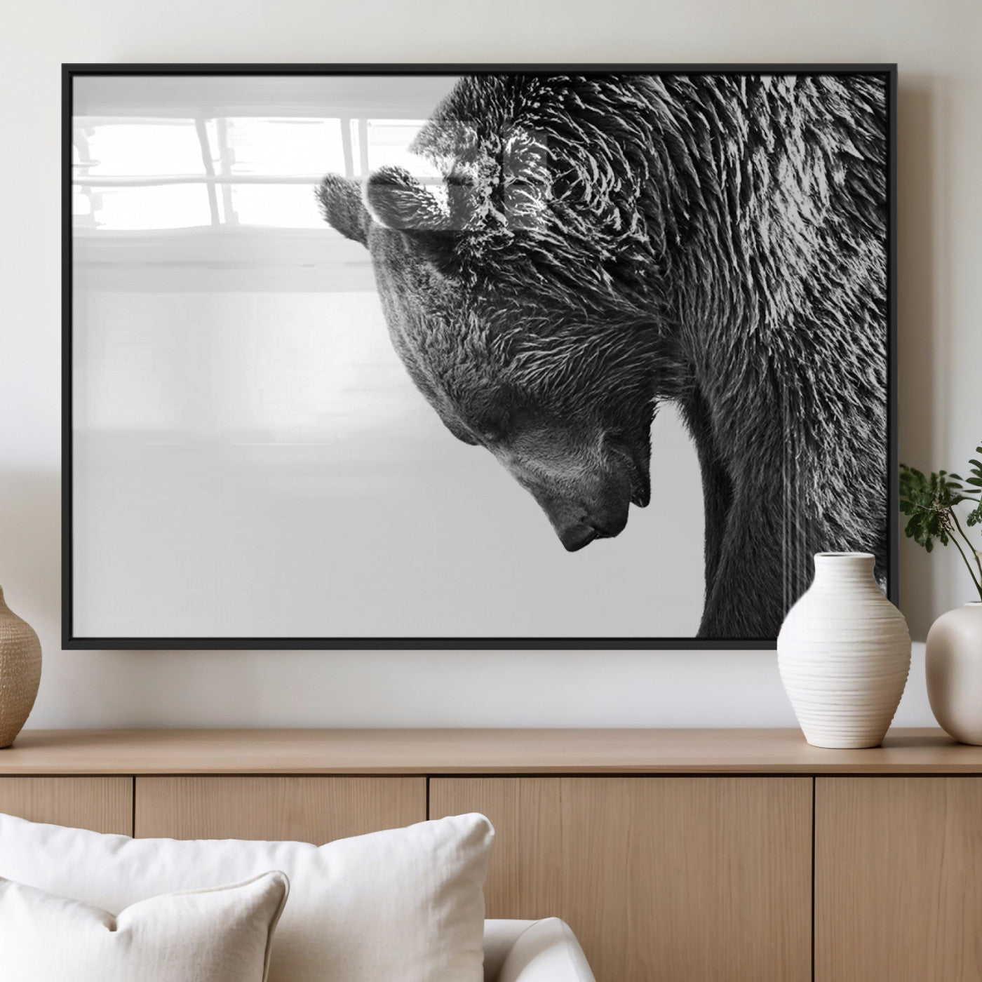 MGV-FP-60X30-3P - Black and White Grizzly 399 Bear Canvas Print Wall Art | Large Wildlife Canvas Print for Living