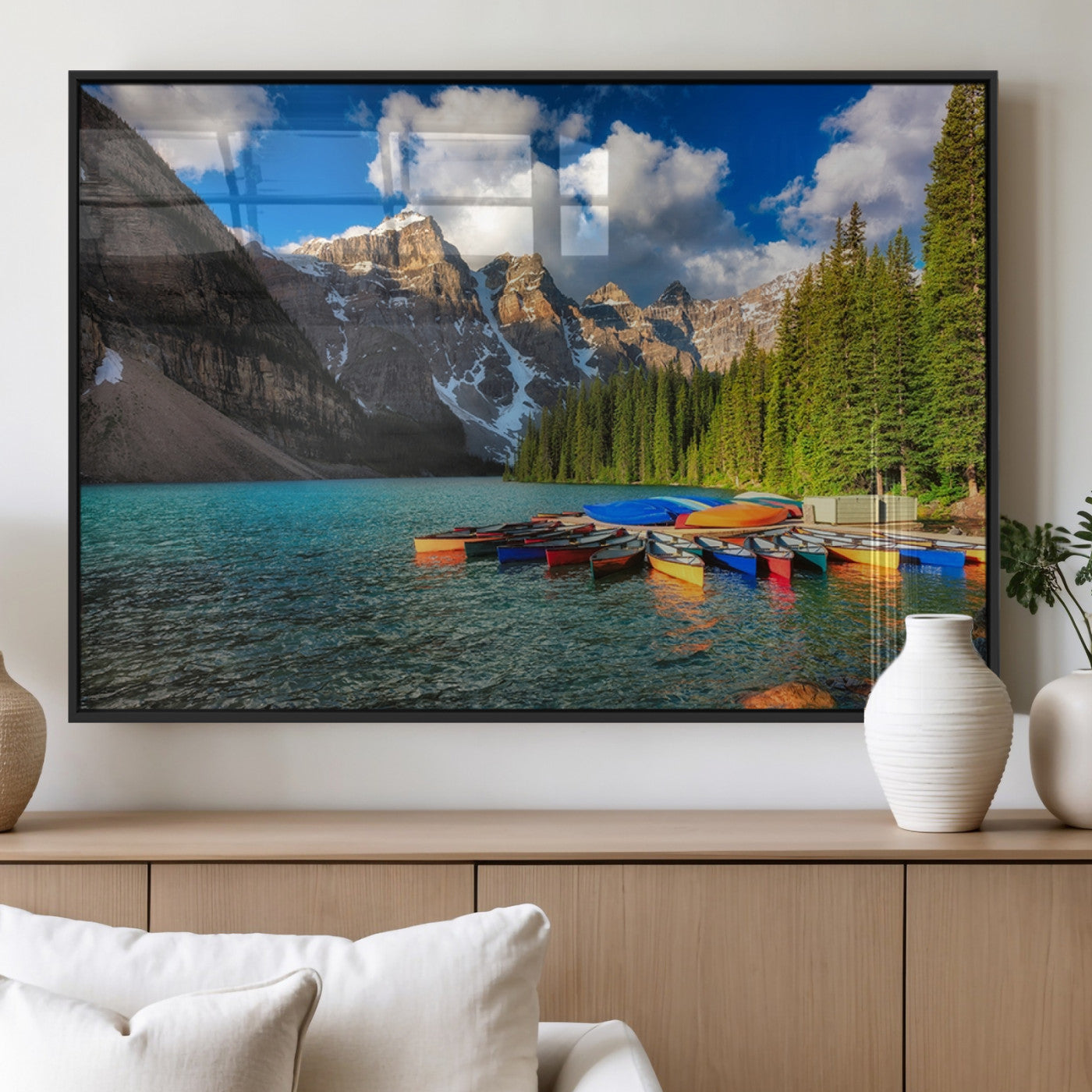 MGV-FP-60X30-3P - Moraine Lake 3-Panel Wall Art, Majestic Mountain and Lake Landscape Canvas Print Canoes on Moraine