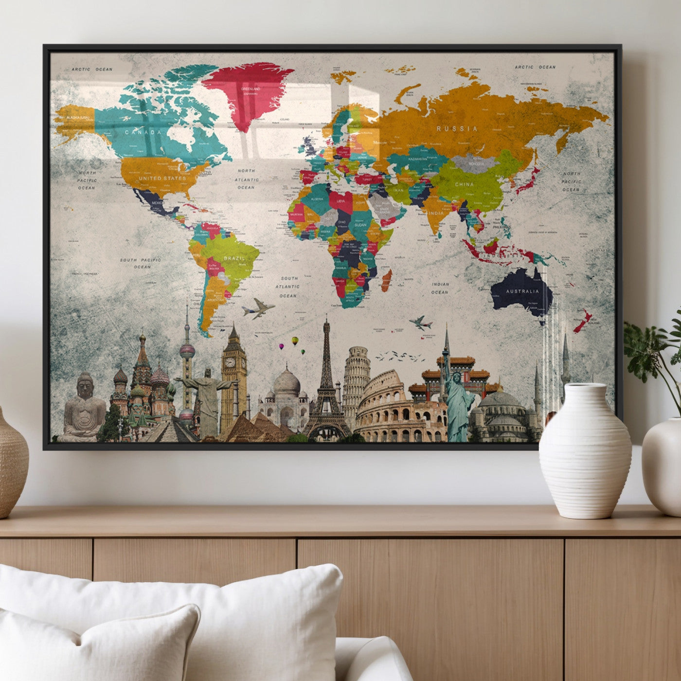 MGV-FP-36X24-3P - Push Pin World Map Canvas Print – Framed Wall Art for Couples to Track Their Travels – Anniversary