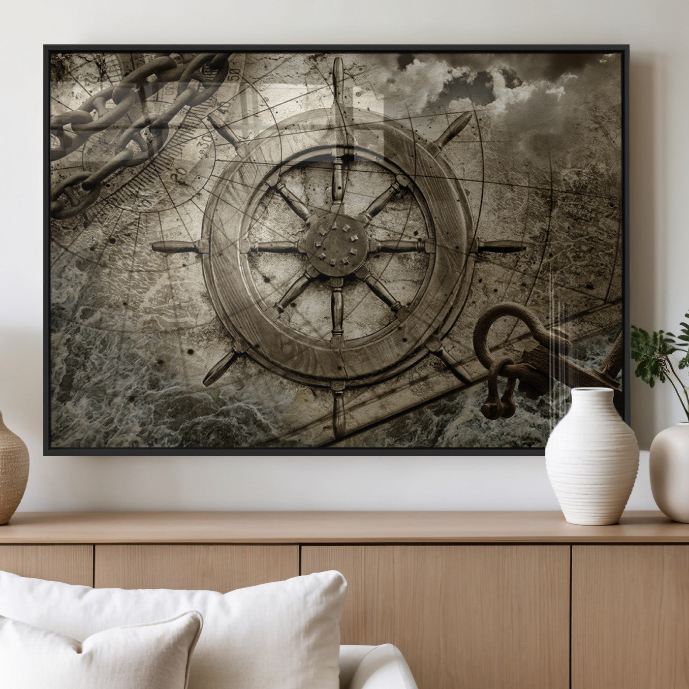 MGV-FP-60X30-3P - Wooden Ship Wheel Canvas Print, Multi Panel Canvas Wall Art Print