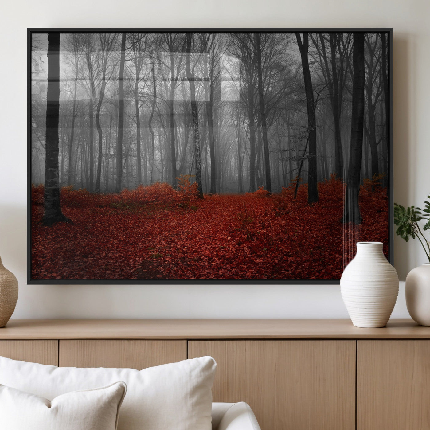 38804-MGV-FP-60X30-3P_Black-Red Forest Floor Canvas Wall Art – Mystical Foggy Woodland Triptych – Nature-Inspired Decor for