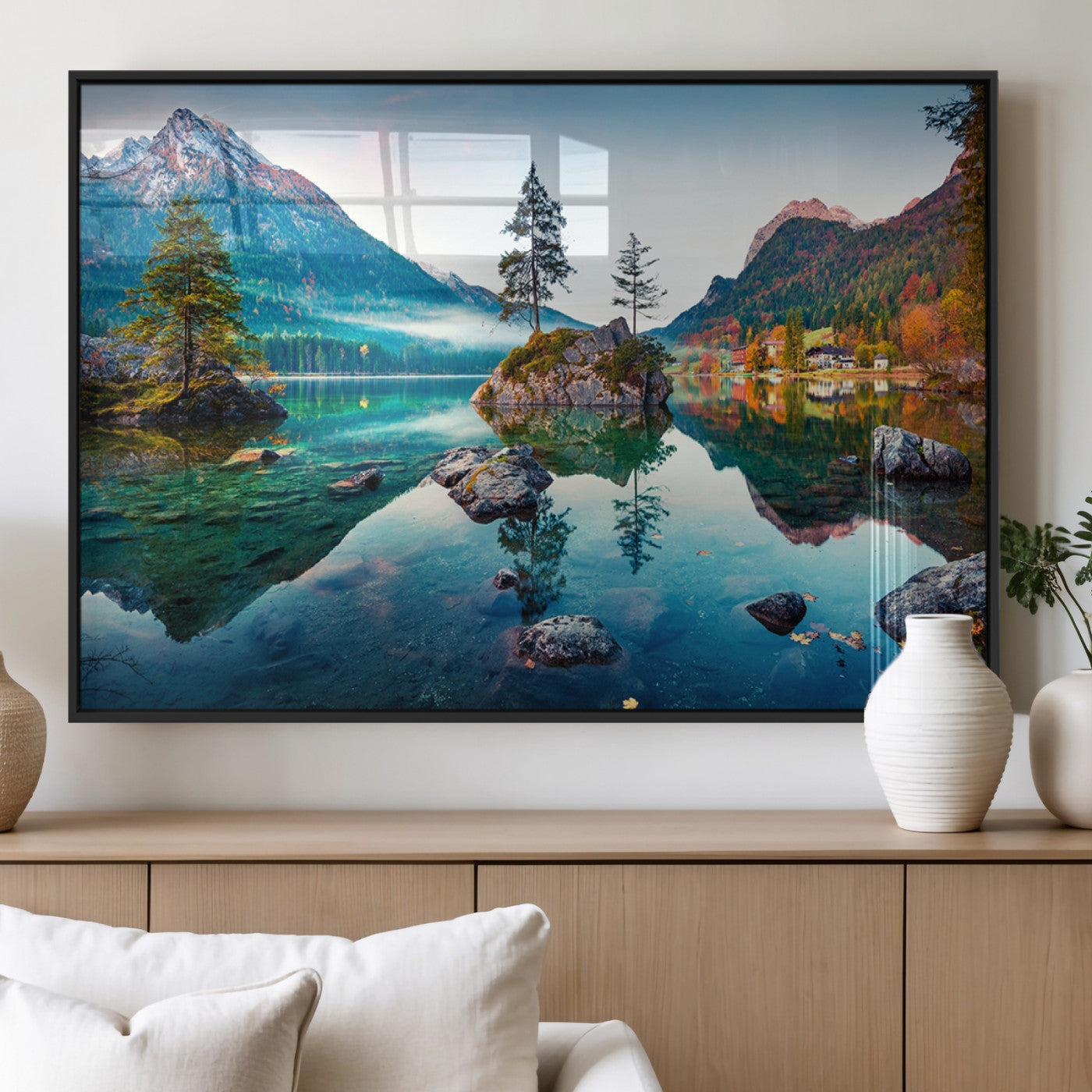 55009-MGV-FP-60X30-3P_Black-Crystal Clear Lake Wall Art | Mountains Wall Art Canvas | 3 Panel Large Landscape Print for Dining