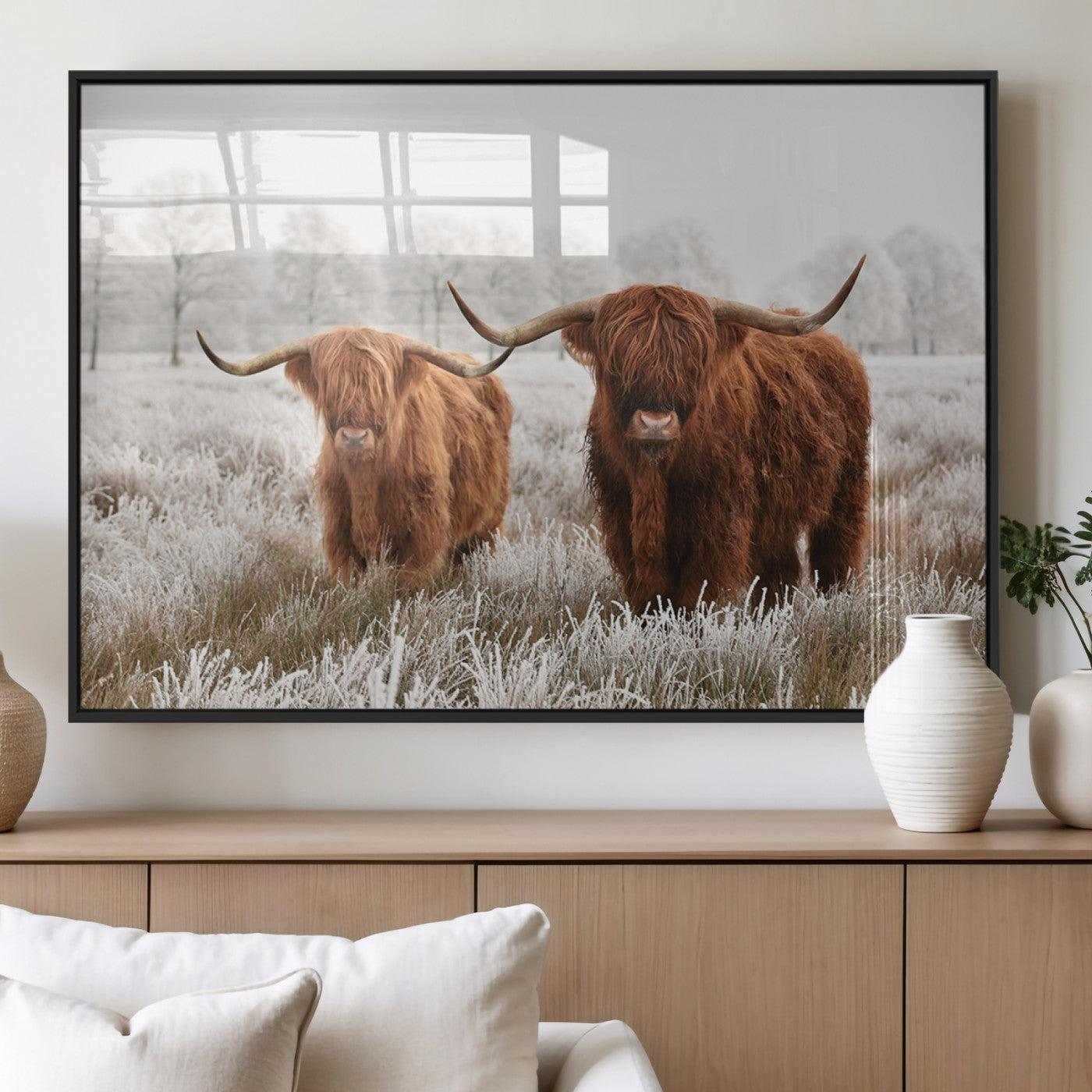 MGV-FP-60X30-3P - Longhorn Cattle Wall Art Canvas Print, Framed Farmhouse Style Art Picture Print, Rustic Cow Perfect Rustic Farmhouse Decor Artwork