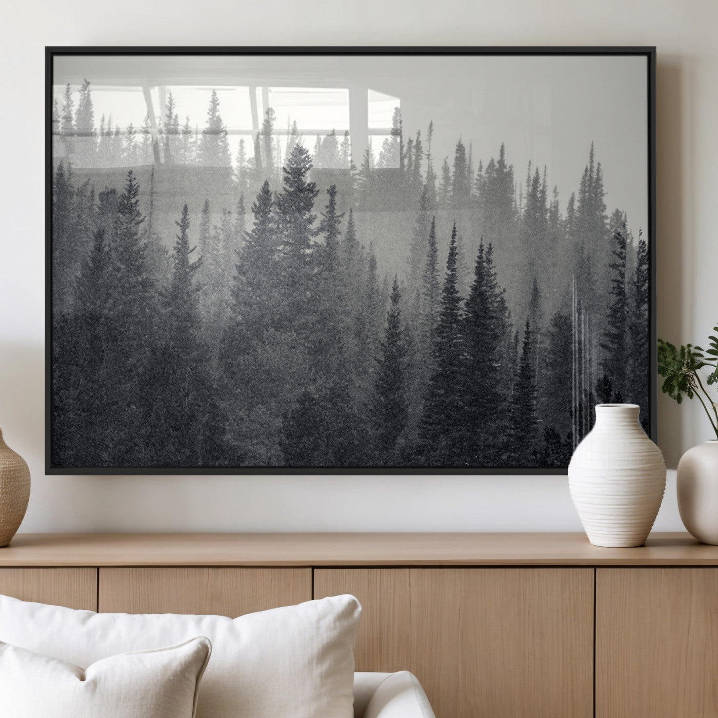 MGV-FP-60X30-3P - Misty Forest Canvas Wall Art – Monochrome Triptych Pine Tree Print – Nature-Inspired Home Decor –