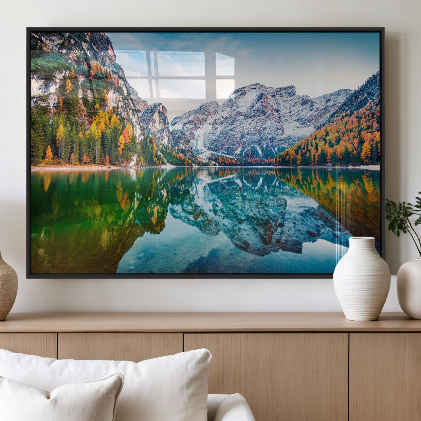 11645-MGV-FP-60X30-3P_Black-Spectacular autumn view of Braies Lake Wall Art Canvas Print