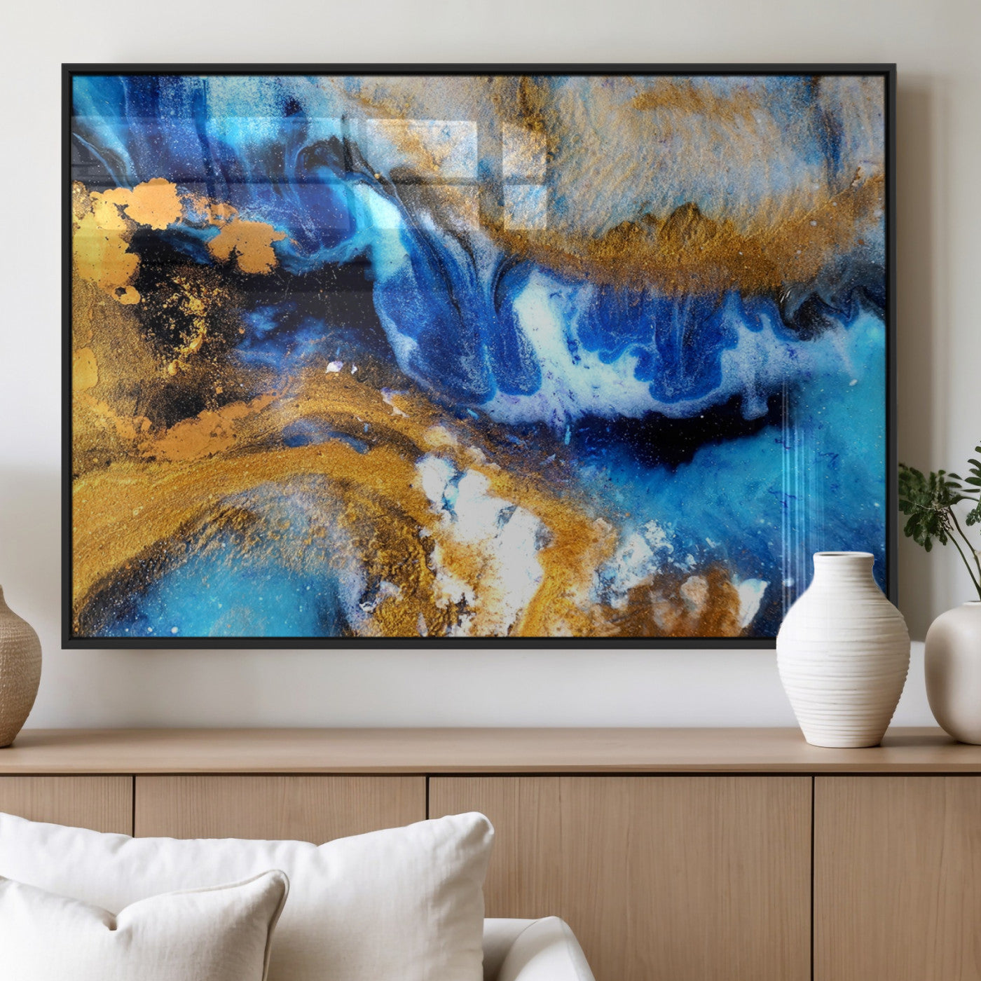 MGV-FP-60X30-3P - Blue Orange Marble Fluid Effect Canvas Wall Art Print