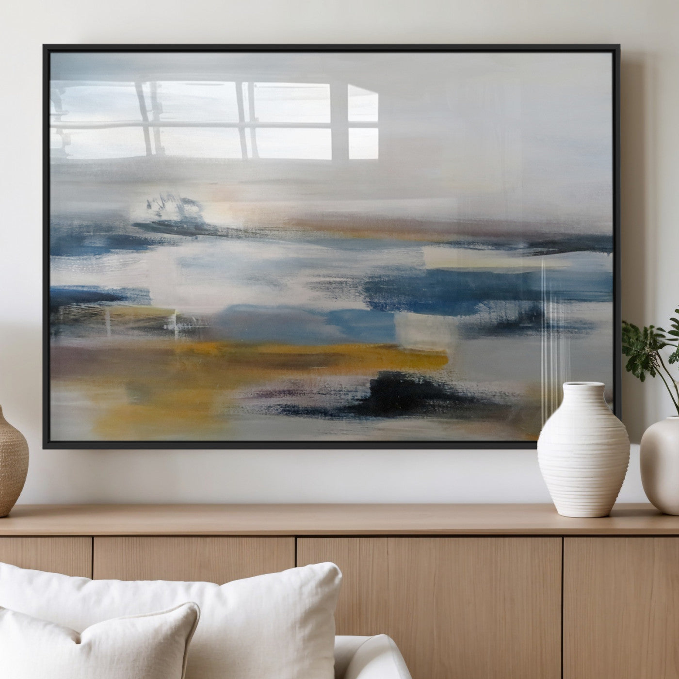 MGV-FP-60X30-3P - Abstract Landscape Wall Art Canvas | 3 Panel Modern Blue, Gold, and White Canvas Art for Living