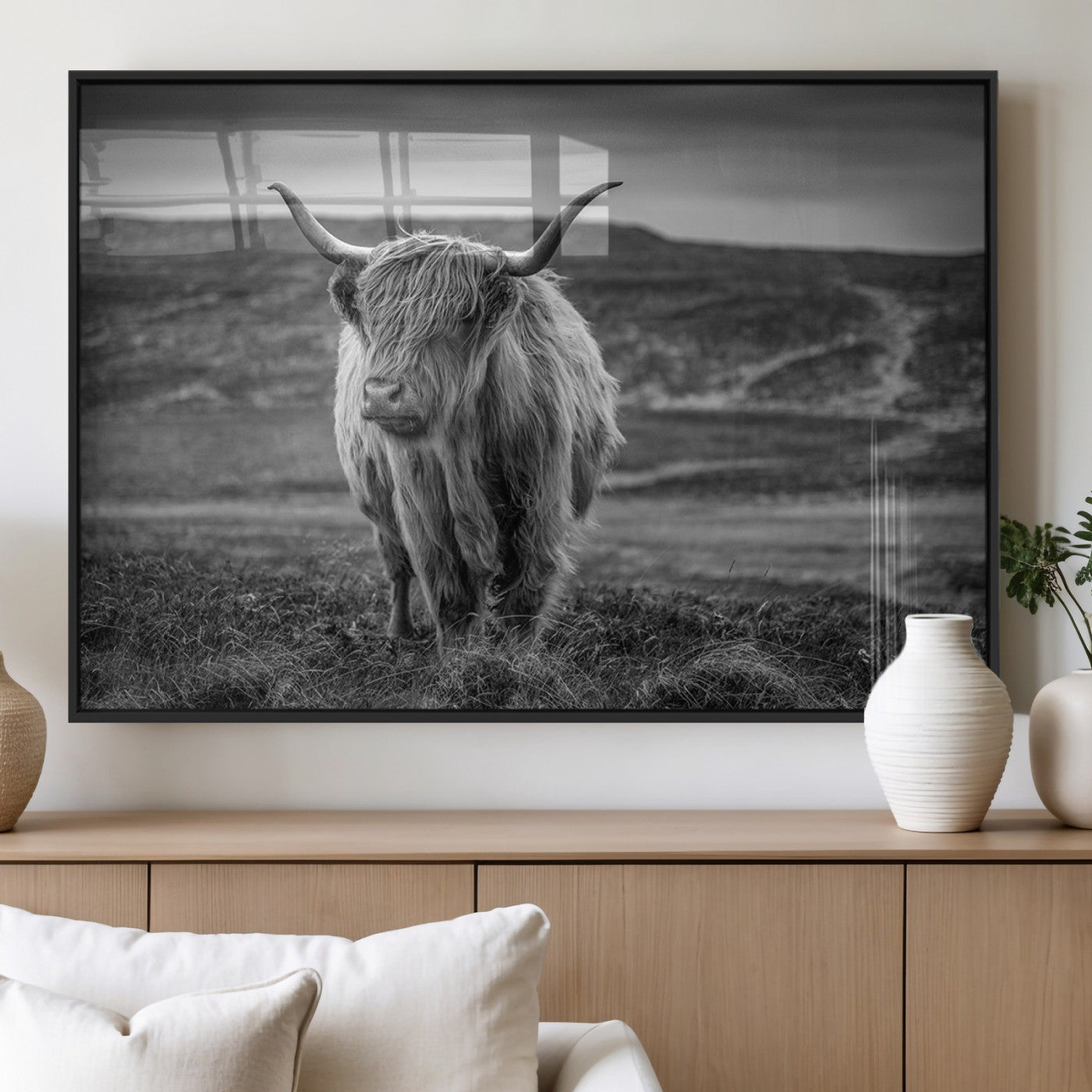 MGV-FP-60X30-3P - Fluffy Cattle Wall Art Print, Highland Cow Canvas, Framed Black and white Wall Art
