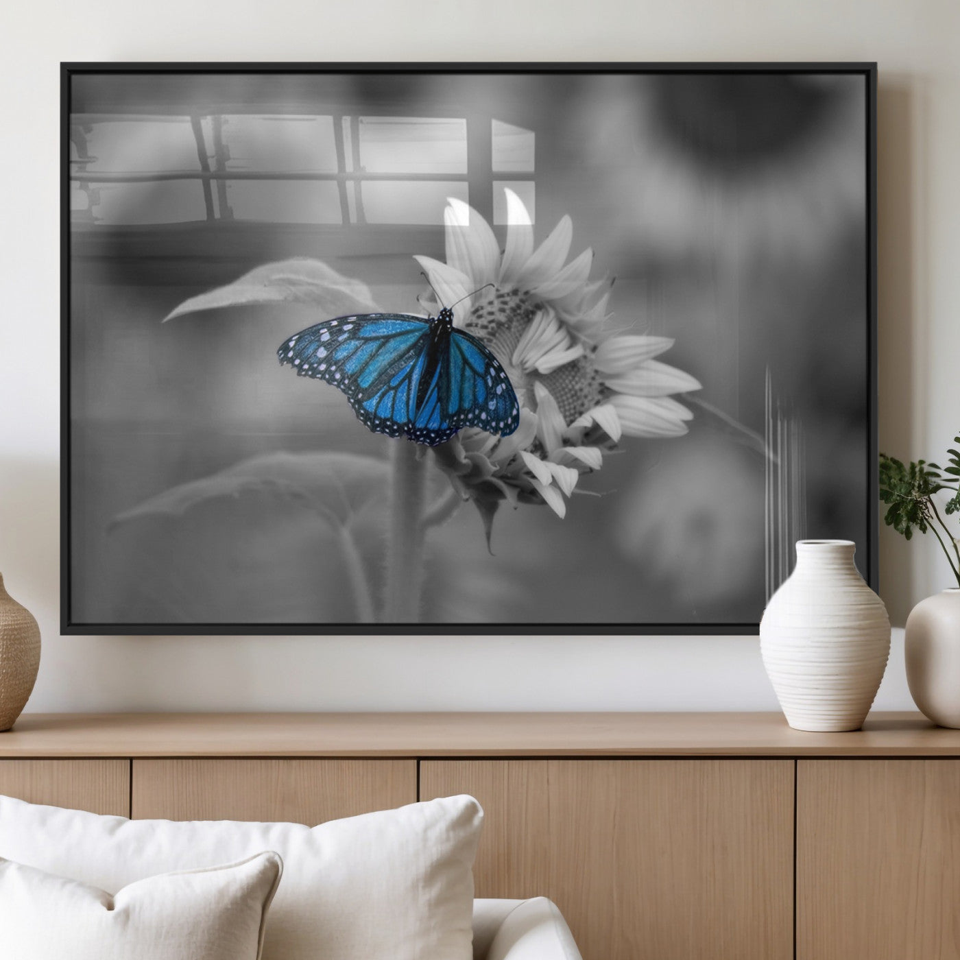 MGV-FP-60X30-3P - Blue Butterfly Black and White Canvas Wall Art