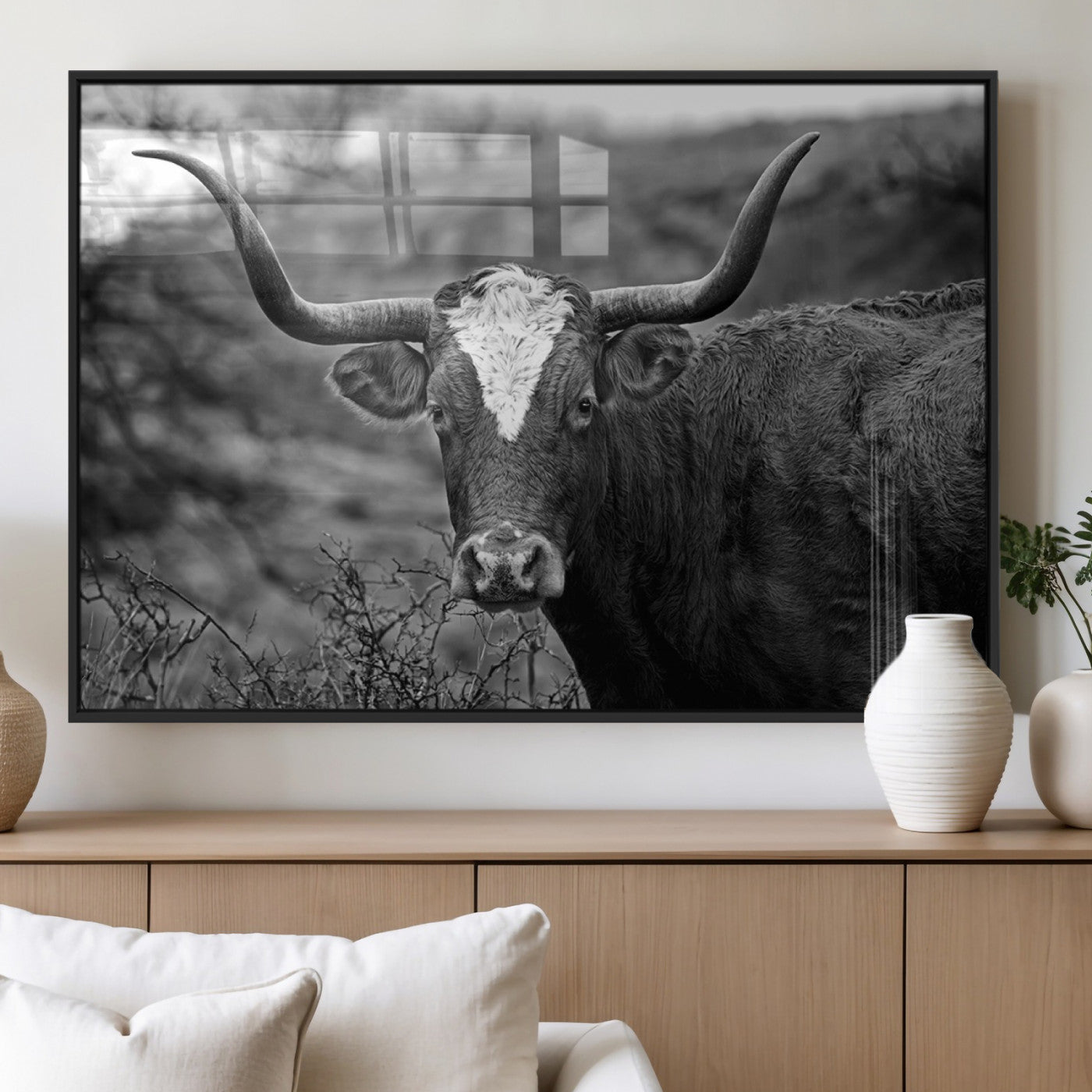 MGV-FP-60X30-3P - Western Home Wall Art Canvas Print, Framed Texas Longhorn Art Picture Print, Rustic Cow Perfect Rustic Farmhouse Decor Artwork